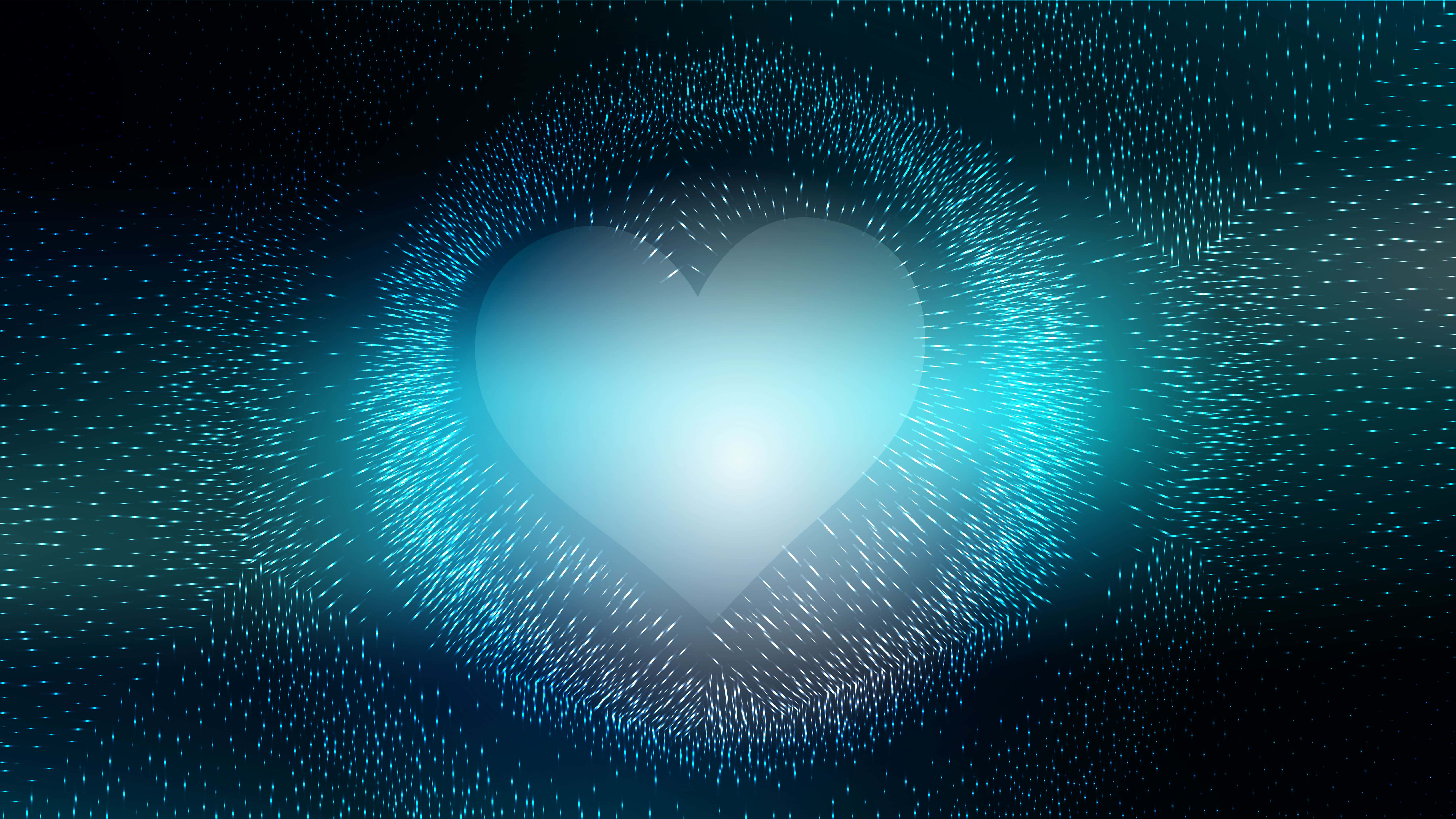Blue Heart 桌布 壁紙 — 一顆發光的半透明心臟在黑暗的宇宙背景下散發出藍綠色的光芒，周圍環繞著閃爍的粒子。
