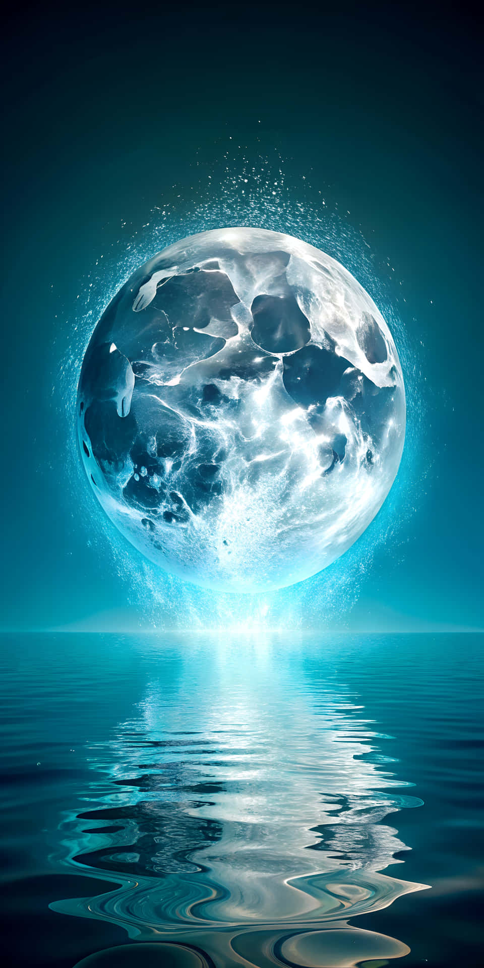 Transparent Cracking Particles Around Water Moon Edge with Sea Reflection 壁紙 — 一顆發光的半透明月亮，帶有旋轉的藍色和白色圖案，懸浮在平靜的水面上，反射出其空靈的光芒。