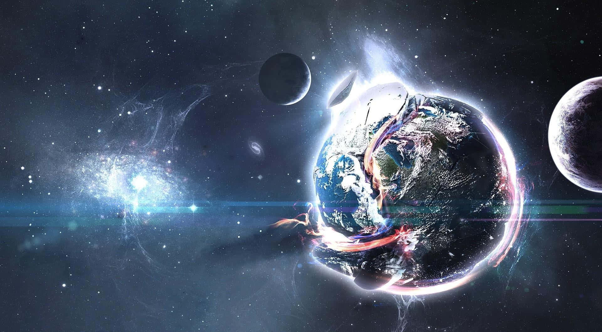 背景 桌布 壁紙 — 一顆發光的地球，被宇宙能量和遙遠行星環繞，背景是繁星點點的太空。