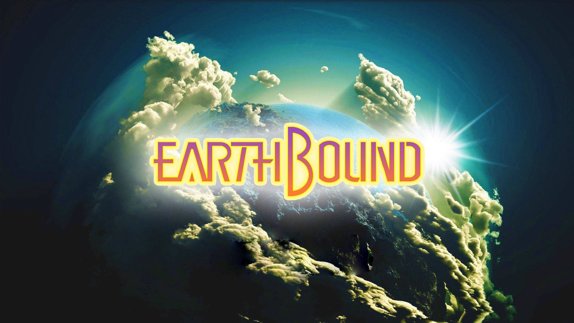 Earthbound 桌布 壁紙 — 一顆發光的地球從雲層中浮現，標題 EarthBound 在宇宙背景下以粗體黃色字母閃耀。