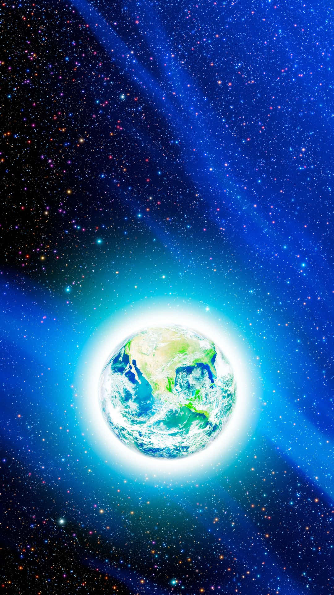 行星動畫 桌布 壁紙 — 一顆發光的地球懸浮在深邃的藍色星空中，被璀璨的星光和光束環繞。