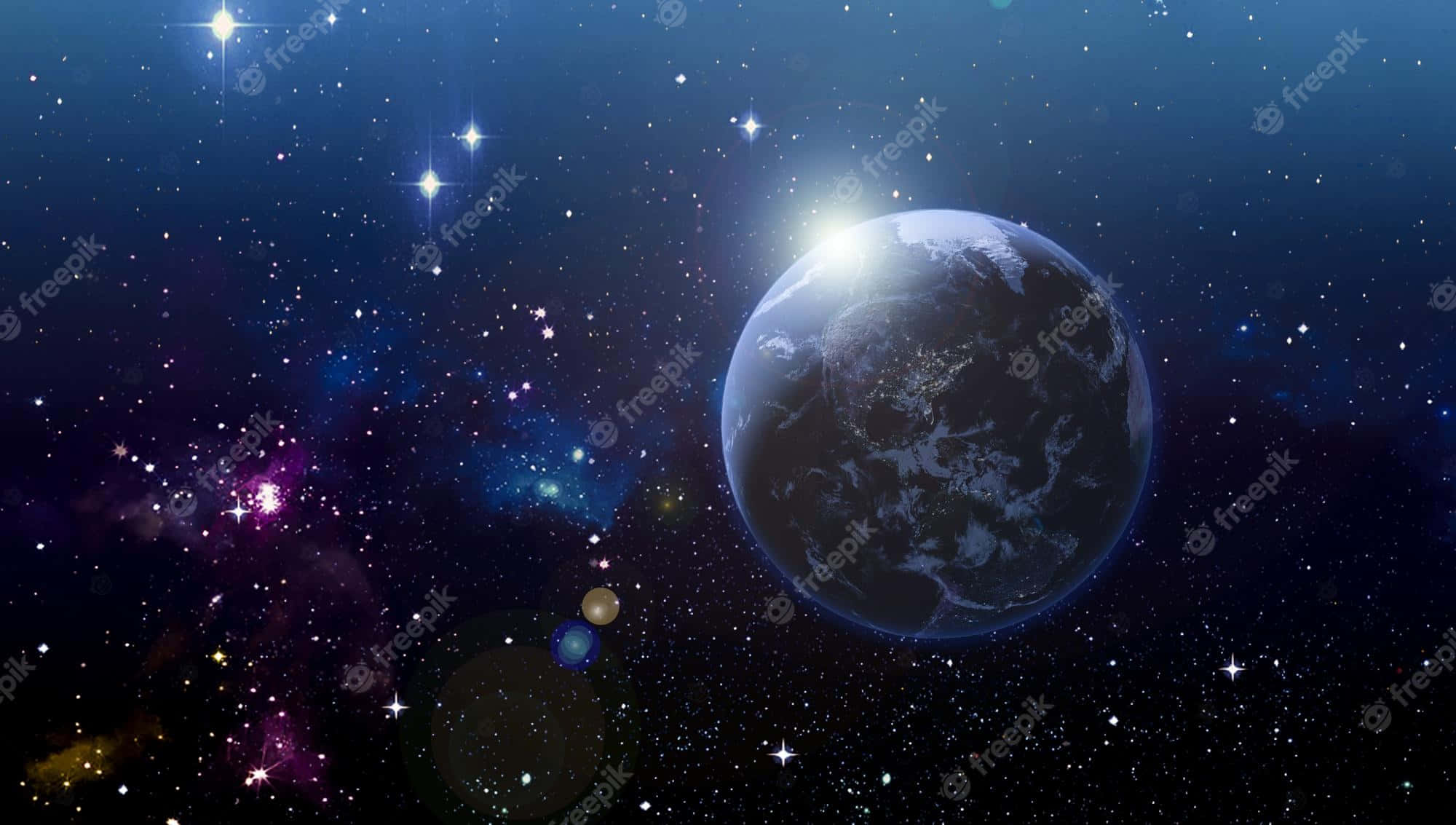 桌布 壁紙 — 一顆發光的地球漂浮在充滿活力的宇宙星雲和閃爍的星星之間，背景是深藍色的夜空。