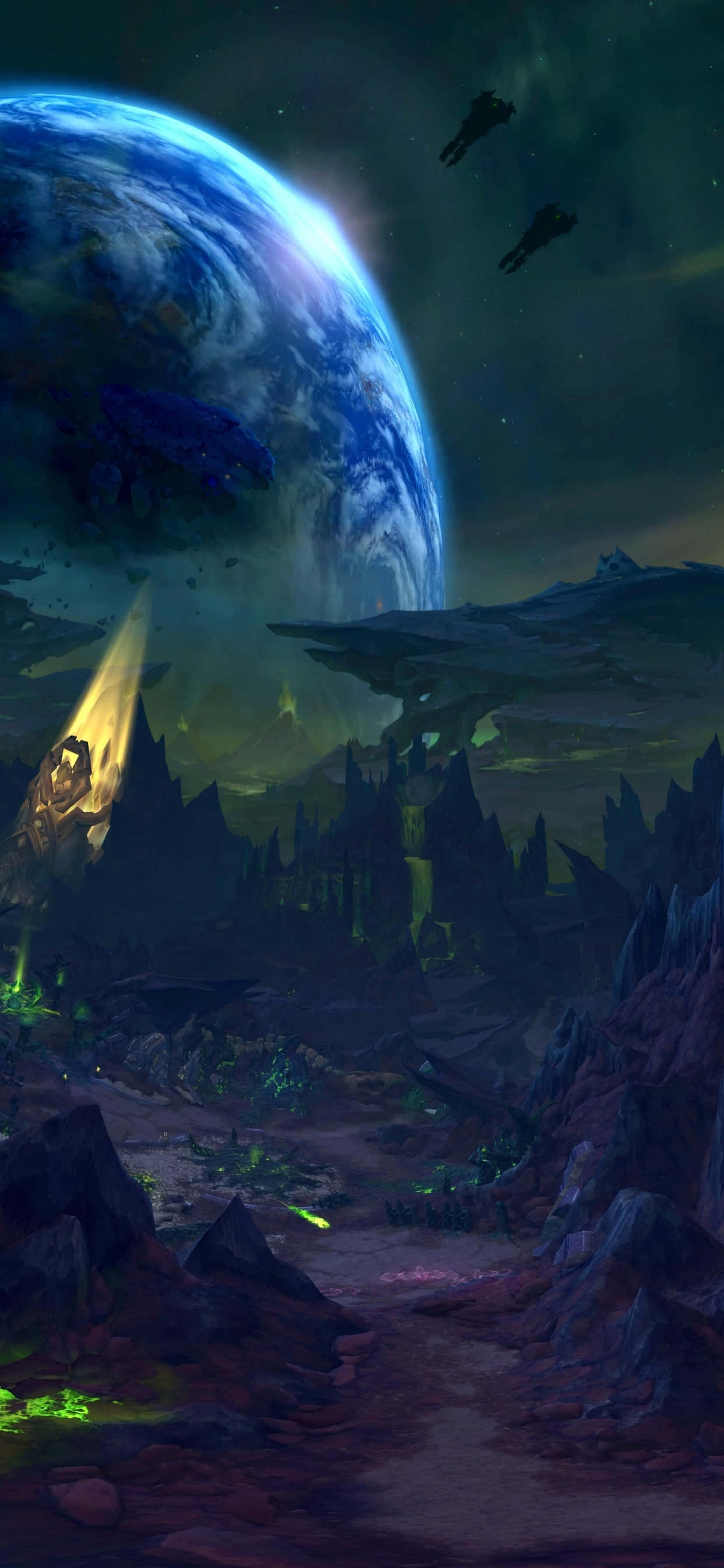 iPhone Xs Max Hearthstone 桌布 壁紙 — 一顆發光的外星行星聳立在鋸齒狀、霓虹燈照亮的峽谷上方，兩艘飛船在繁星點點的夜空中飛過。