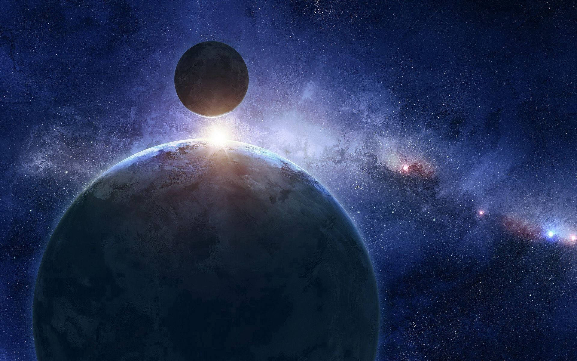 Sci 桌布 壁紙 — 一顆發光的天體在一顆行星上空升起，行星上方懸浮著一輪月亮，背景是繁星點點的宇宙。