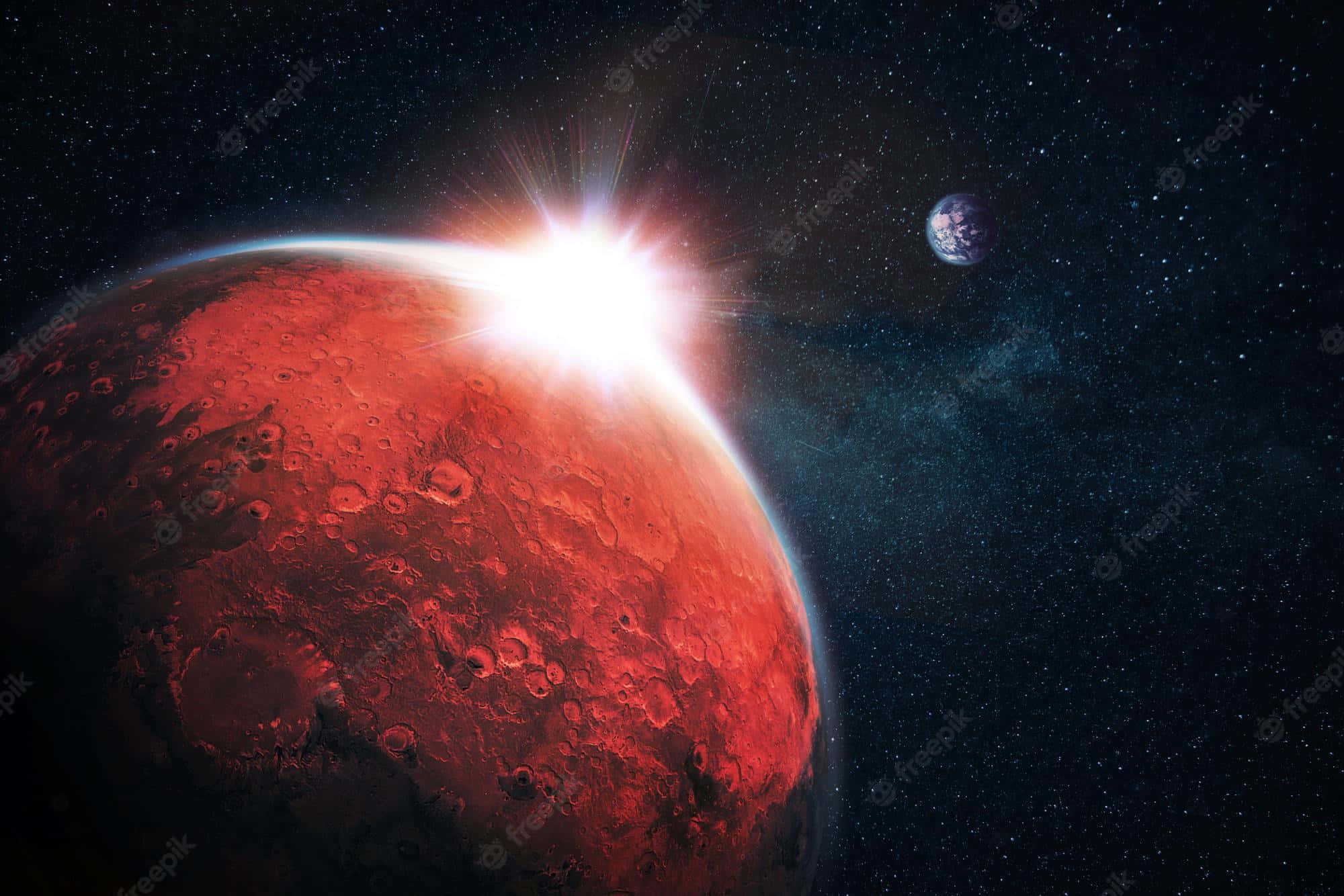 Red Space 桌布 壁紙 — 一顆發光的太陽在一個佈滿隕石坑的紅色行星上升起，遠處有一顆藍色的月亮，背景是繁星點點的宇宙天空。