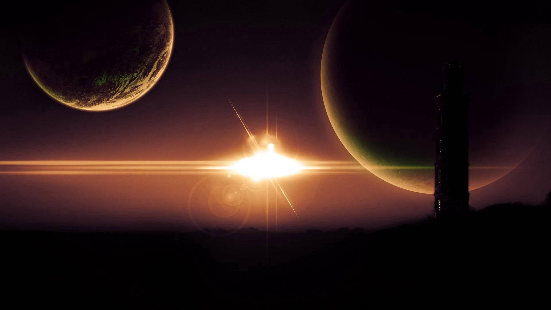 行星動畫 桌布 壁紙 — 一顆發光的太陽在兩顆巨大行星之間升起，在剪影塔上投下長長的陰影。
