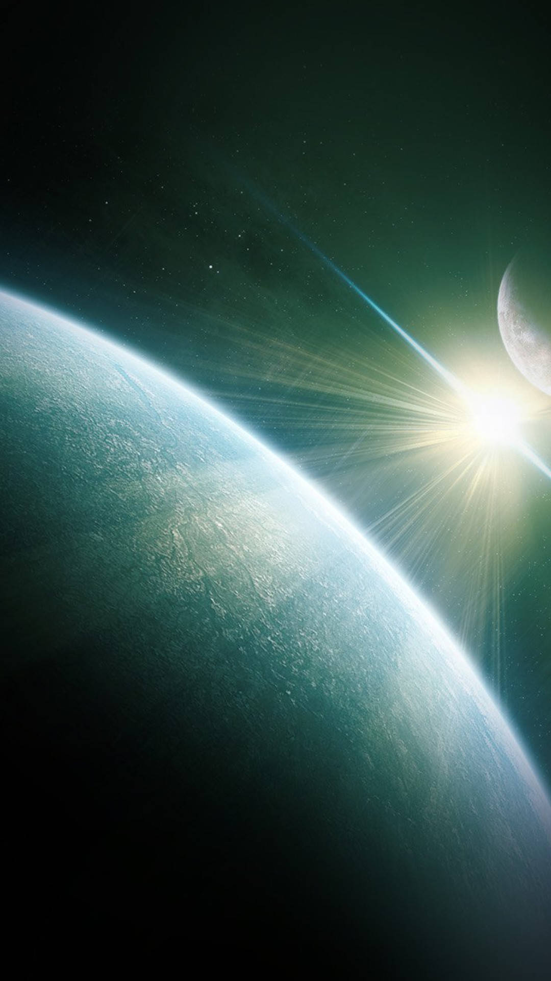 地球 桌布 壁紙 — 一顆發光的太陽在繁星點點的虛空中，將燦爛的光芒照射在一個彎曲的青綠色行星上，附近還有一彎新月。