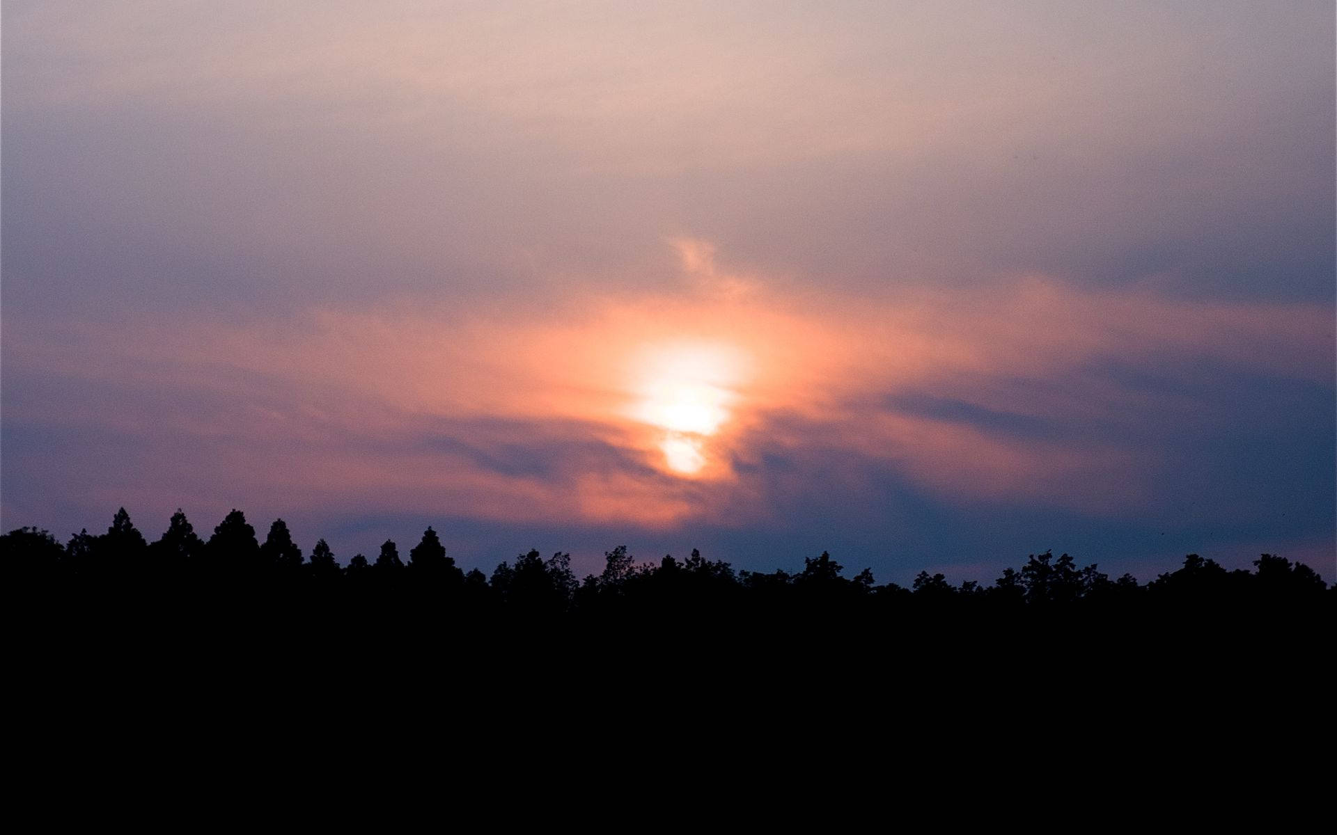 夕陽天空 桌布 壁紙 — 一顆發光的太陽在黃昏時分穿過紫色和橙色的雲層，照耀在黑暗的森林輪廓之上。