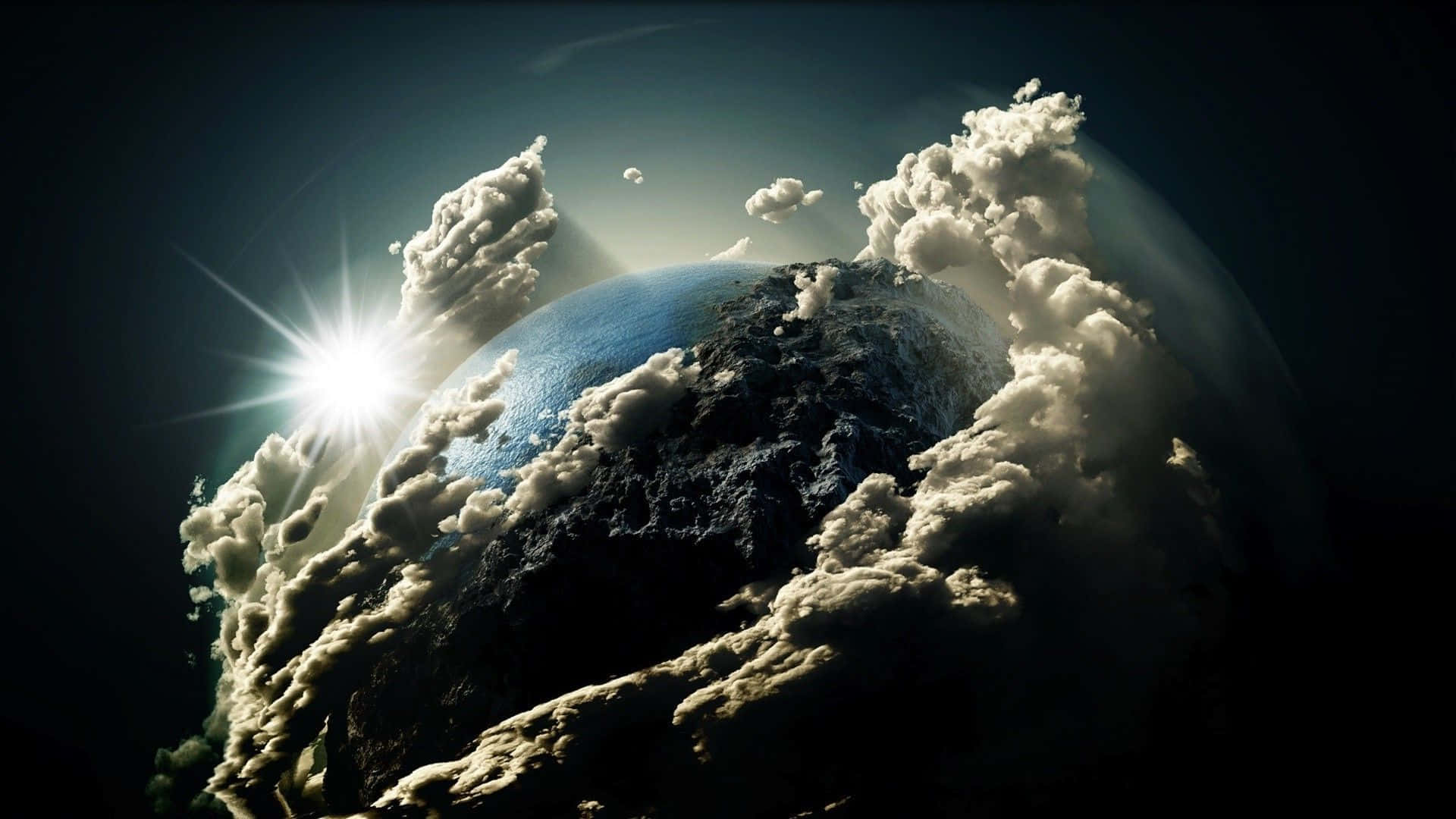 雲朵 桌布 壁紙 — 一顆發光的太陽穿過圍繞著一顆藍色岩石行星的旋轉雲層，在深空中爆發。