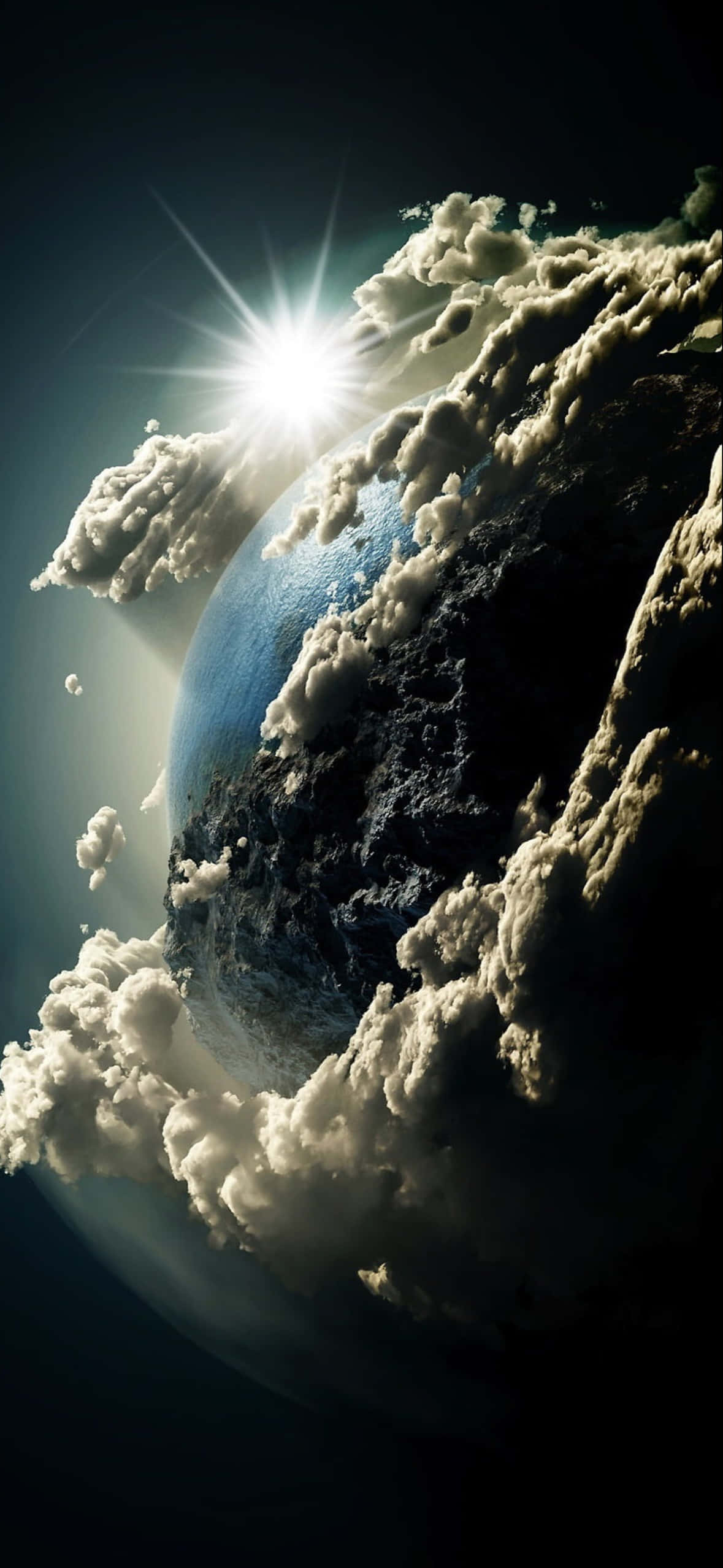 1179x2556 桌布 壁紙 — 一顆發光的太陽穿過戲劇性的雲層，照亮了深空中的一顆藍灰色行星。