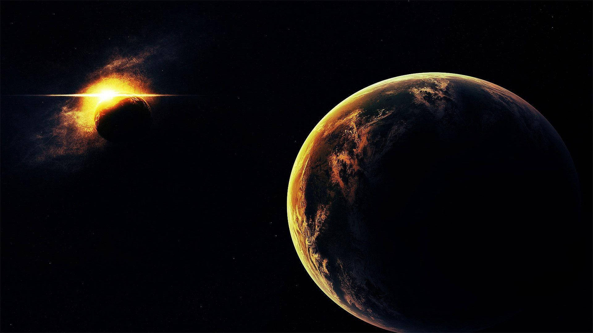 Eclipse 桌布 壁紙 — 一顆發光的太陽被一顆帶有熾熱日冕的行星遮蔽，照亮了深空中附近一個類似地球的世界。