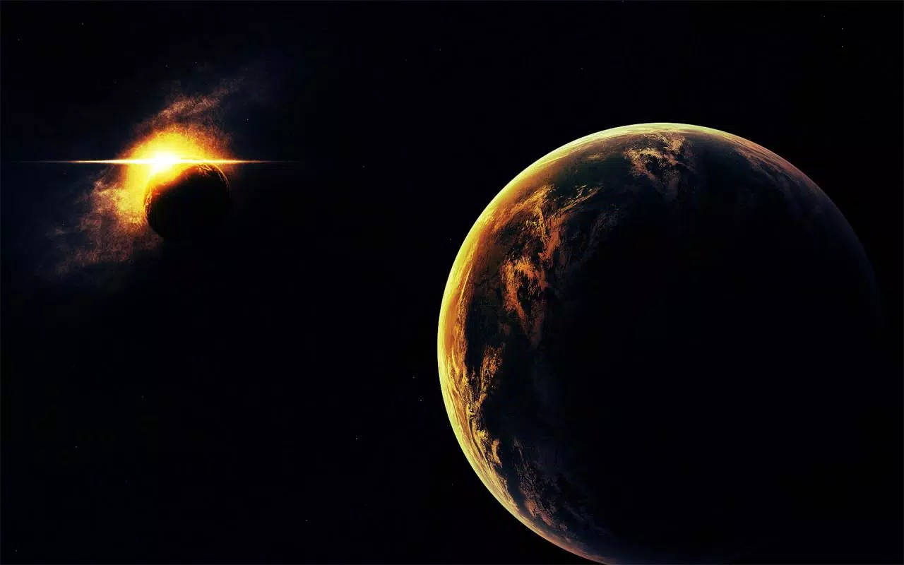 Eclipse 桌布 壁紙 — 一顆發光的太陽被行星遮蔽，將光投射到深空中附近一個類似地球的世界。