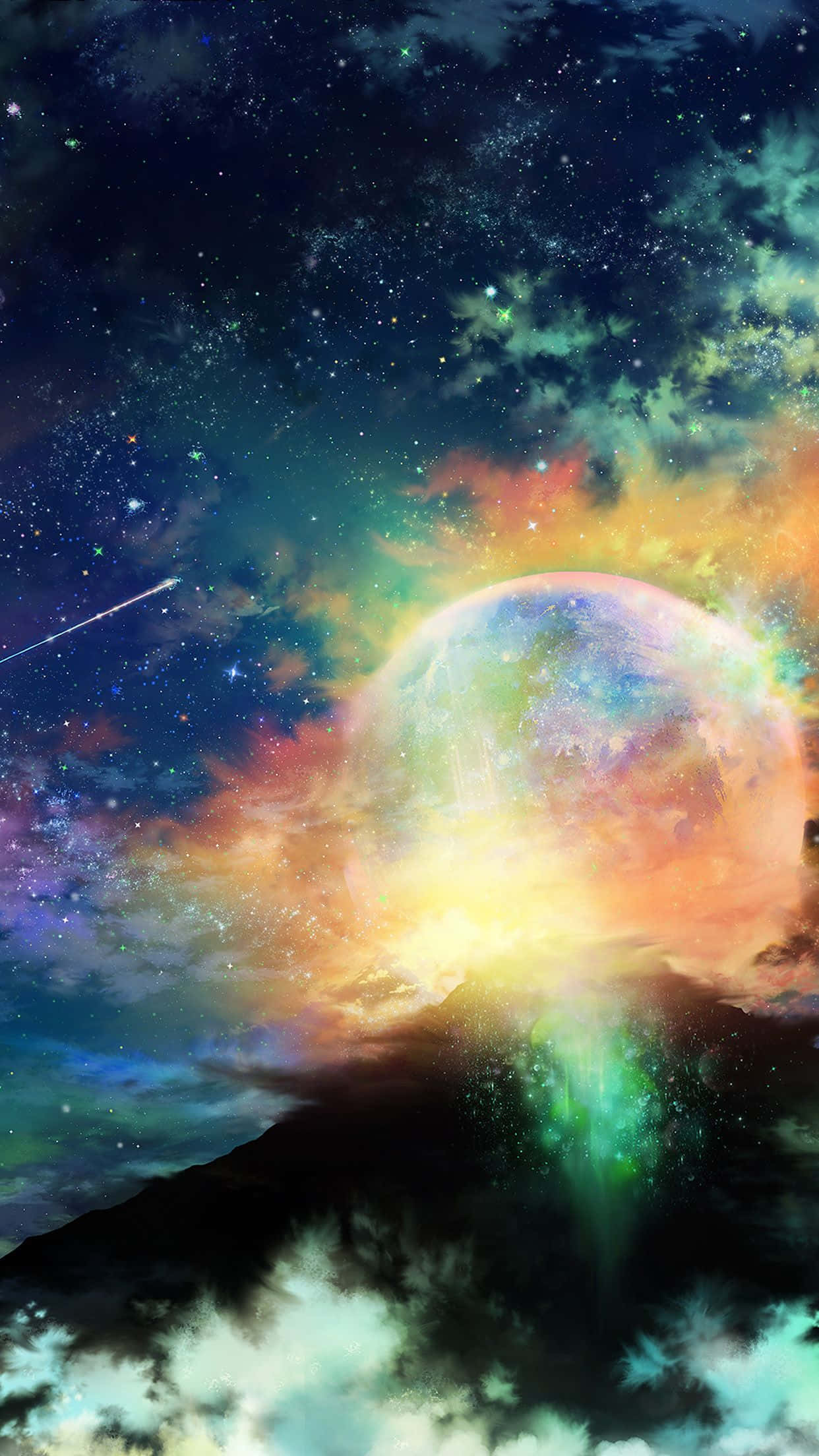 銀河 桌布 壁紙 — 一顆發光的宇宙球體從山頂噴發而出，背景是繁星點點的星雲天空，還有一顆流星。