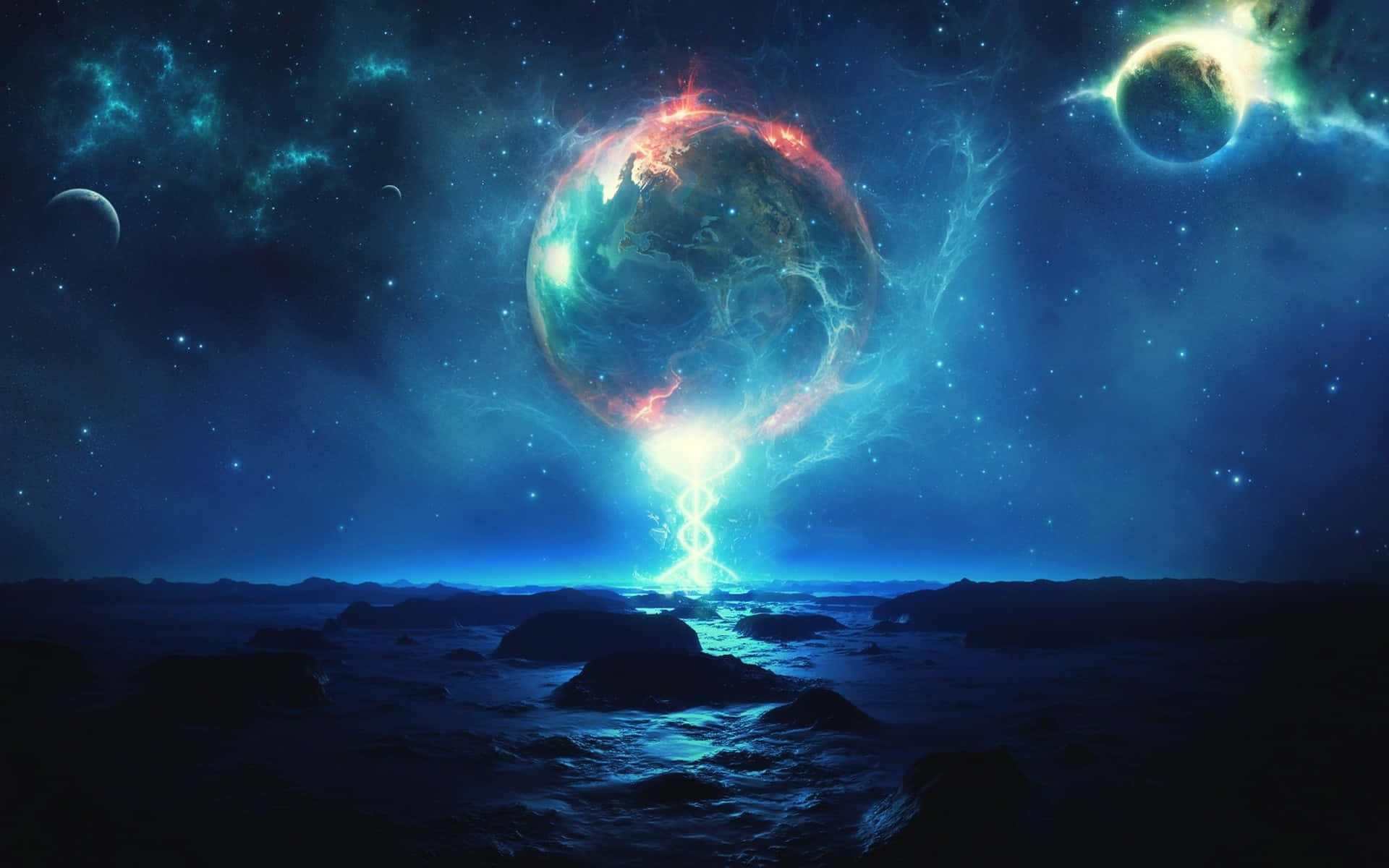 magical 桌布 壁紙 — 一顆發光的宇宙行星懸浮在黑暗的外星景觀之上，其核心發出閃電，劃過佈滿星雲的星空。