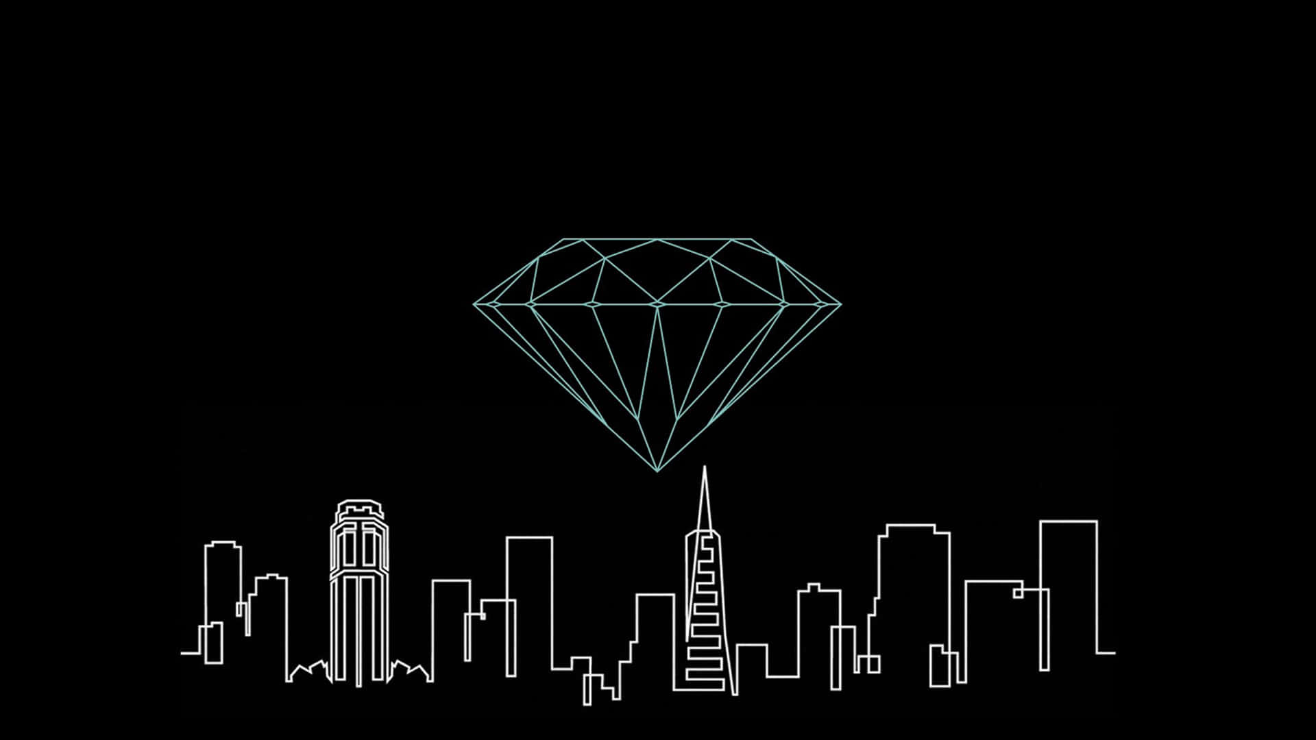 Diamond Aesthetic 桌布 壁紙 — 一顆發光的幾何鑽石懸浮在黑色背景上，以極簡白色線條繪製的城市天際線之上。
