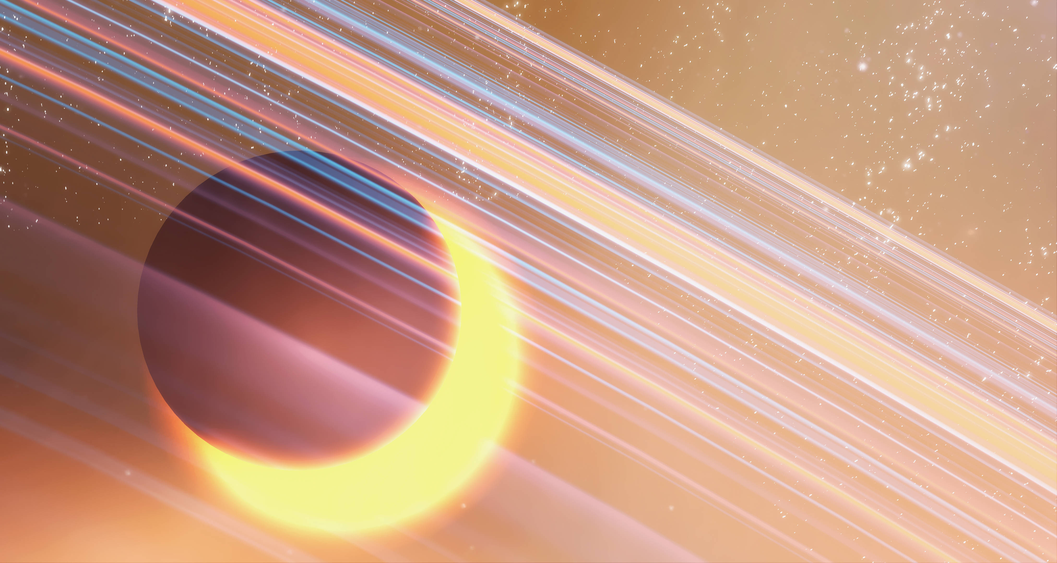 4K 火箭聯盟 桌布 壁紙 — 一顆發光的彎月太陽被一顆黑暗行星遮蔽，背景中有光線條紋和星星。