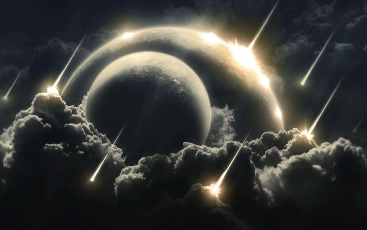 Asteroid 桌布 壁紙 — 一顆發光的彎月行星穿過黑暗雲層顯現，光芒四射的流星劃過宇宙天空。