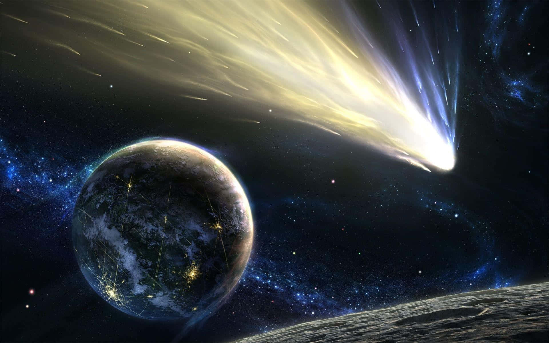 Asteroid 桌布 壁紙 — 一顆發光的彗星劃過一個細節豐富、帶有城市燈光的行星，背景是繁星點點的宇宙。