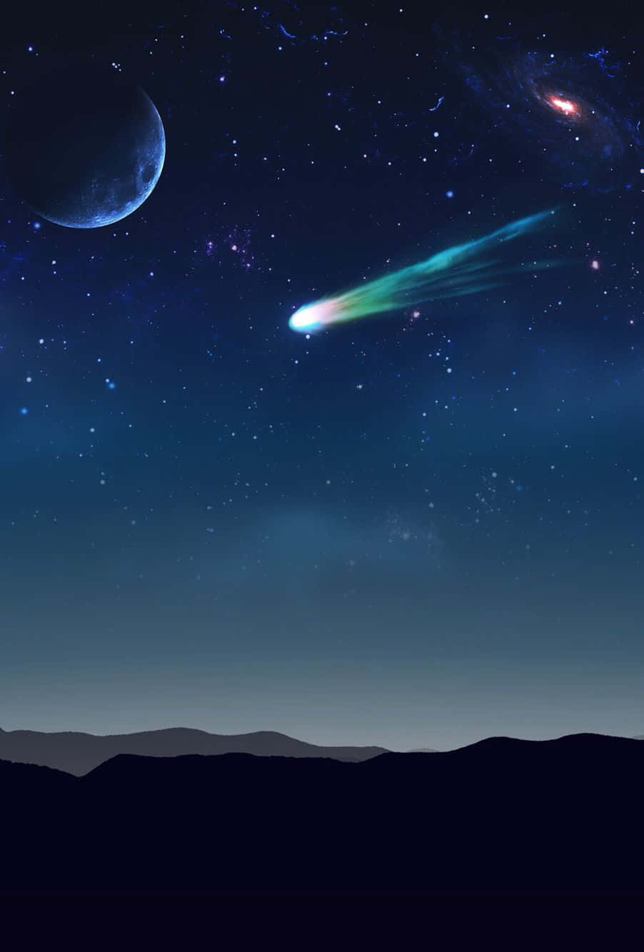 comet 桌布 壁紙 — 一顆發光的彗星劃過繁星點點的夜空，下方是輪廓分明的山脈，藍色行星和遙遠星系清晰可見。