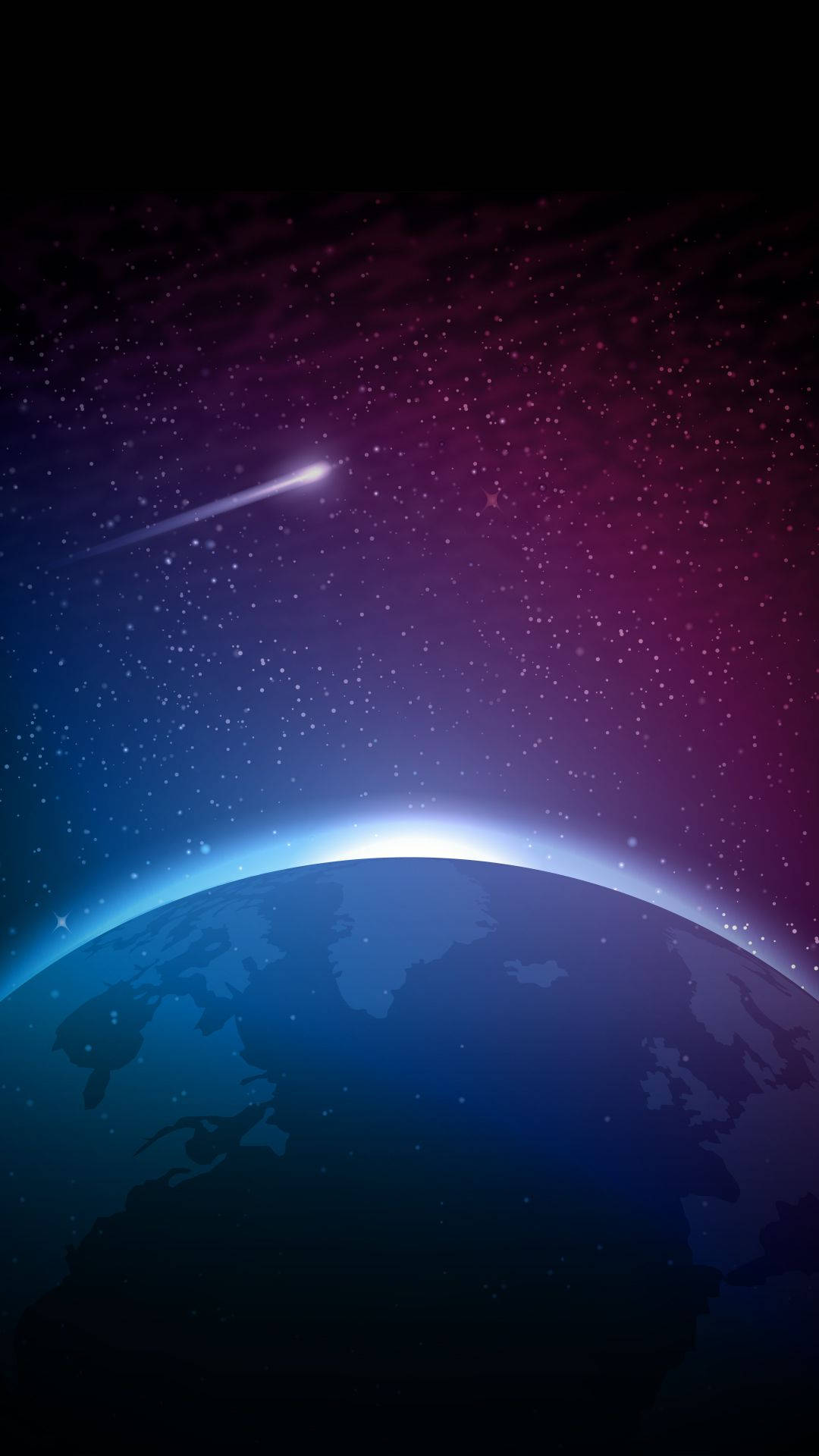 太空電話 桌布 壁紙 — 一顆發光的彗星在暮色中劃過地球彎曲的輪廓上方，劃過繁星點點的紫色和藍色天空。