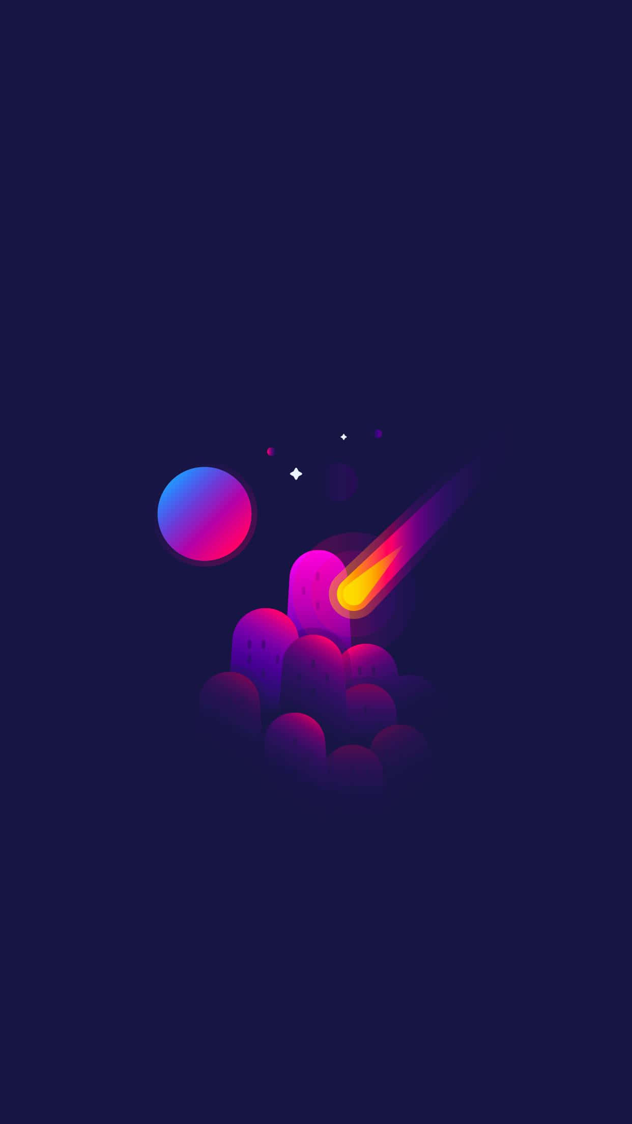 AMOLED 桌布 壁紙 — 一顆發光的彗星掠過一簇紫色球體，背景是深藍色的宇宙。