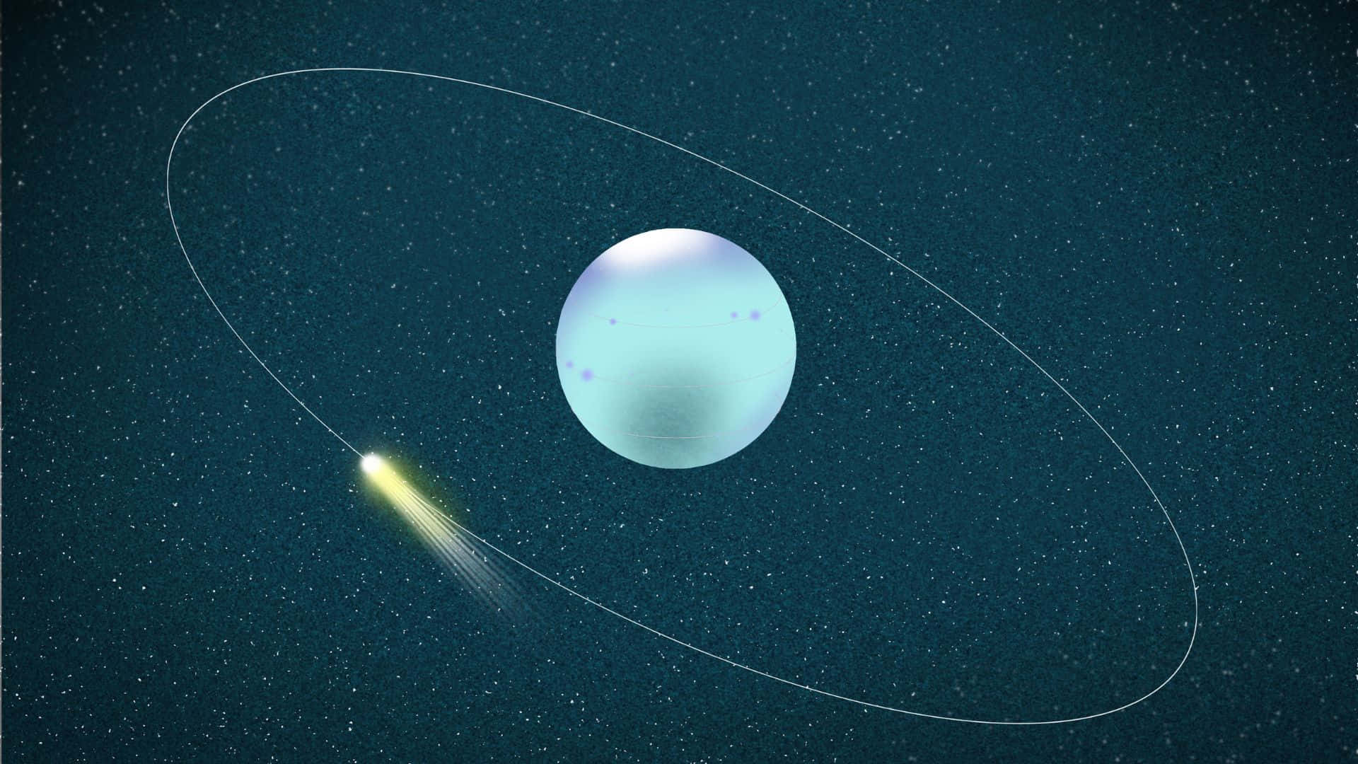 行星動畫 桌布 壁紙 — 一顆發光的彗星掠過一顆淡藍色行星，背景是繁星點點的宇宙。