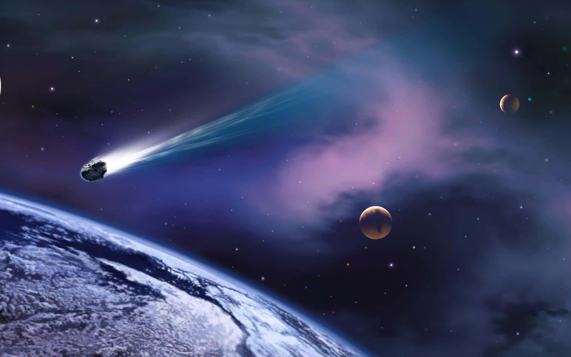 Space Exploration 桌布 壁紙 — 一顆發光的彗星掠過地球，伴隨著充滿活力的紫色星雲和遙遠的行星，在宇宙的夜空中。