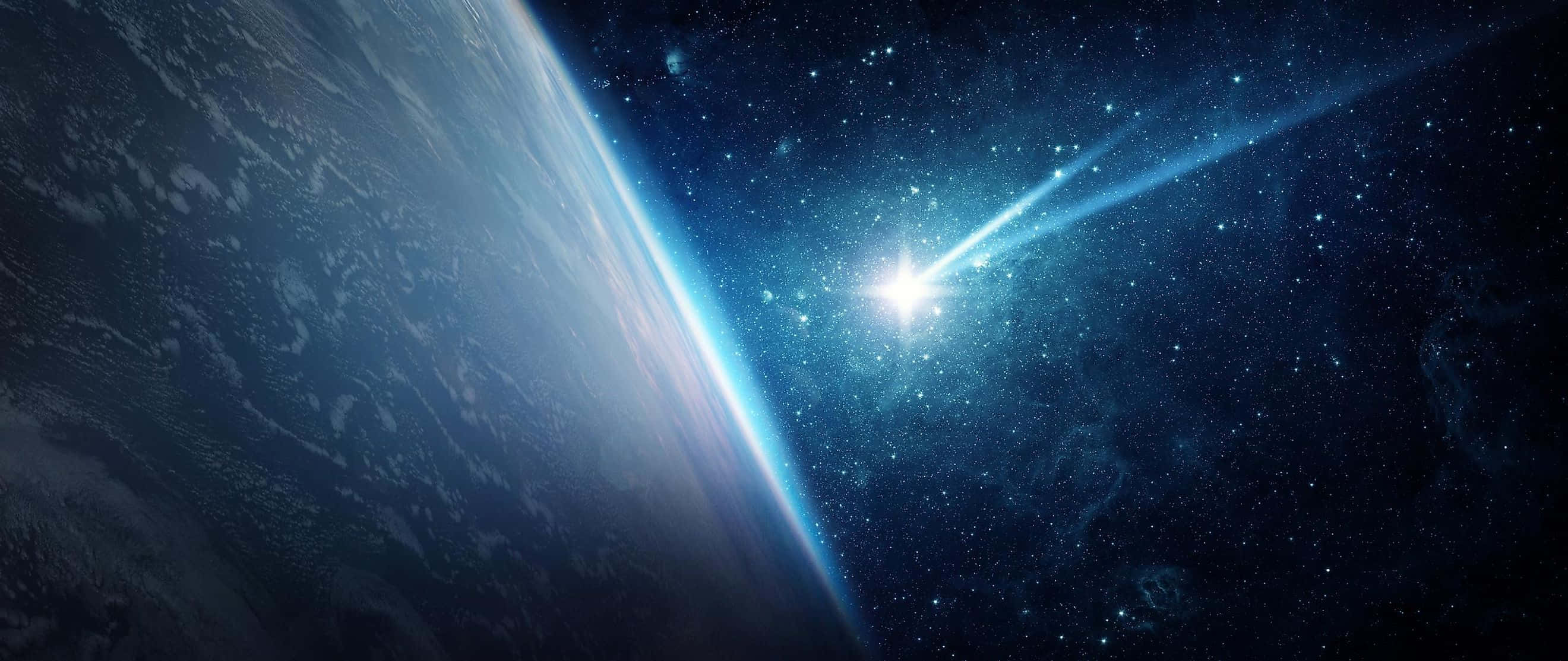 meteor 桌布 壁紙 — 一顆發光的彗星掠過地球彎曲的地平線，背景是深空的星場。