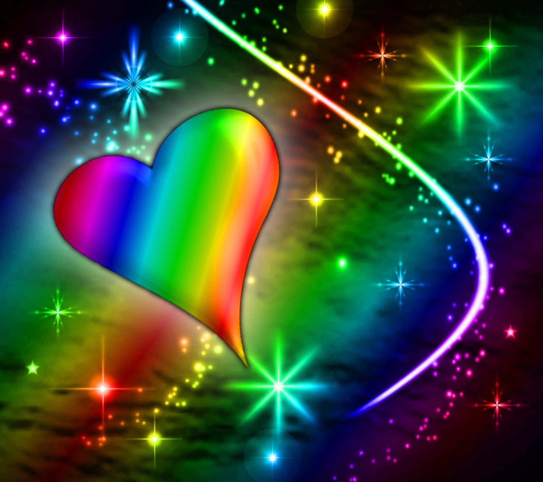 Rainbow Heart 桌布 壁紙 — 一顆發光的彩虹心在黑暗的宇宙背景下，漂浮在閃爍的星星和多彩的光跡之中。