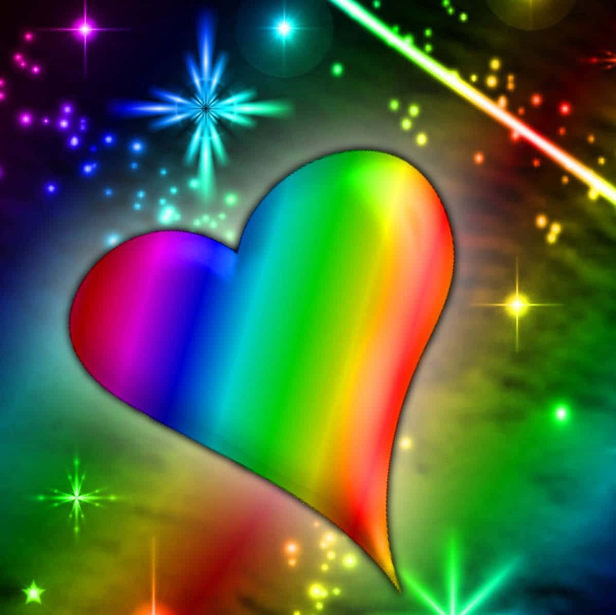 Rainbow Heart 桌布 壁紙 — 一顆發光的彩虹心臟在閃爍的星星和彩色雷射光束中漂浮，構成宇宙場景。