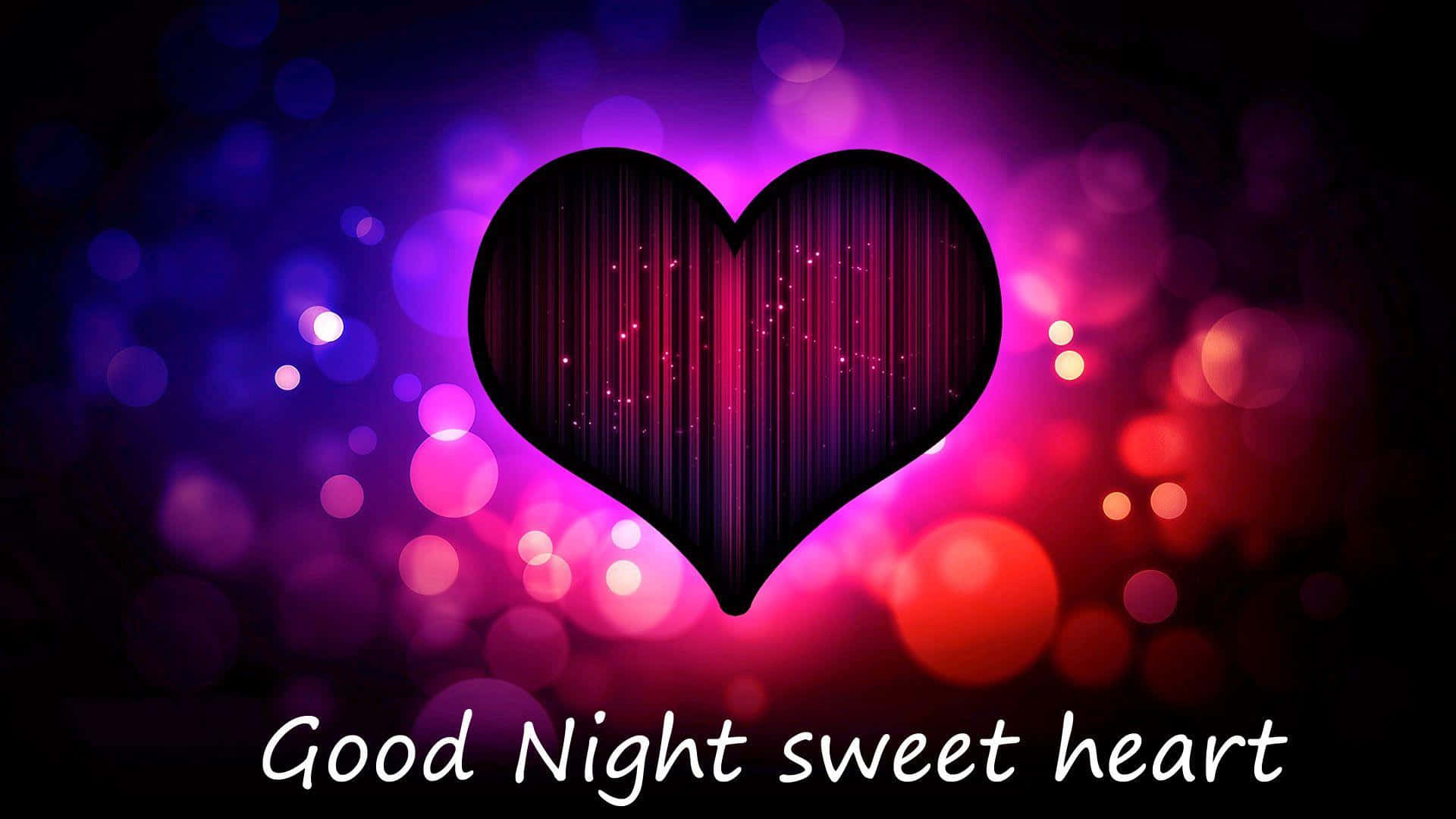 good night animated 桌布 壁紙 — 一顆發光的心臟帶有垂直光條，在充滿活力的紫色和粉紅色散景背景上跳動，並帶有文字「晚安，甜心」。