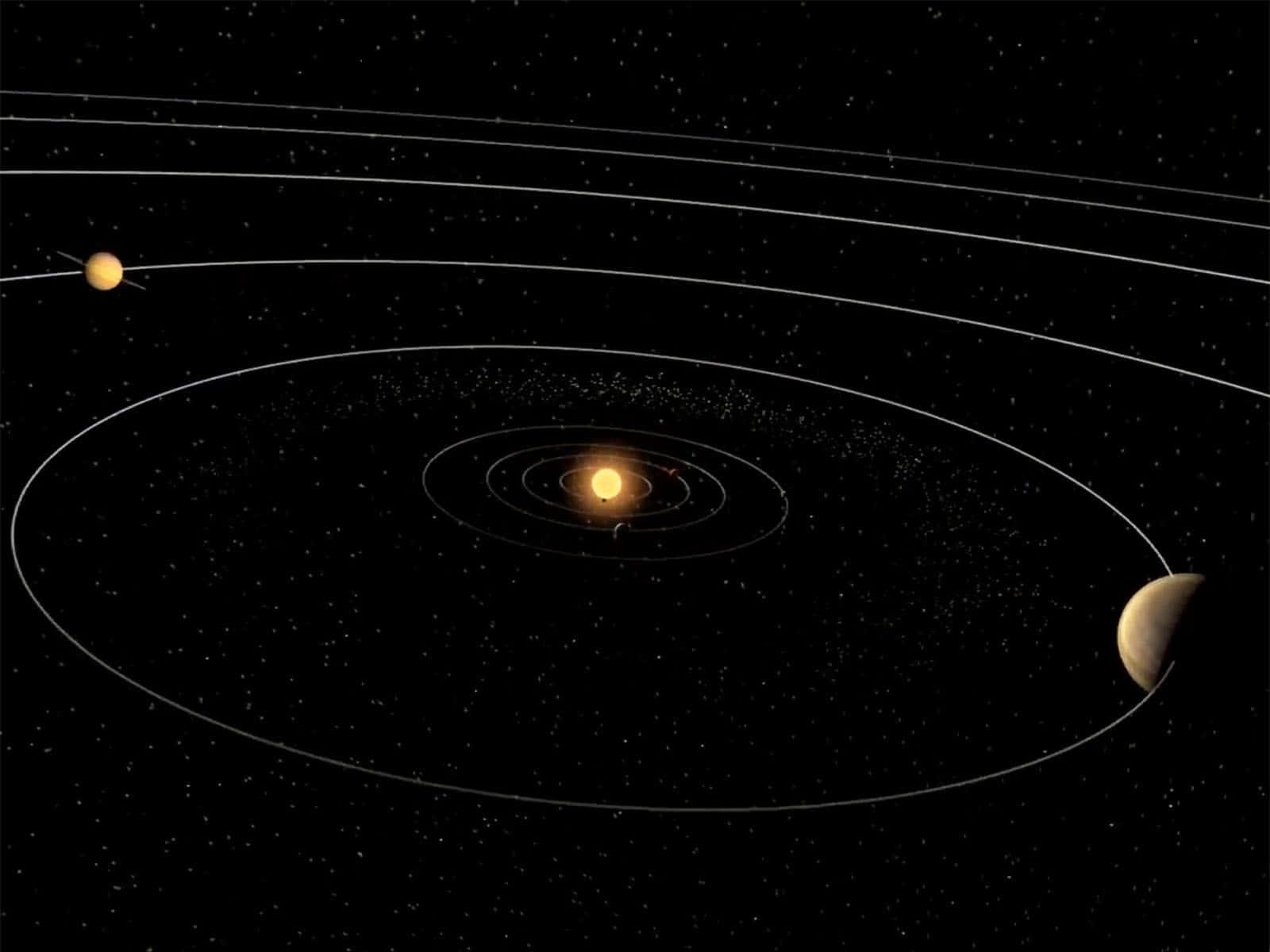 太陽系 桌布 壁紙 — 一顆發光的恆星位於太陽系中心，周圍有行星和軌道路徑，背景是繁星點點的黑色虛空。