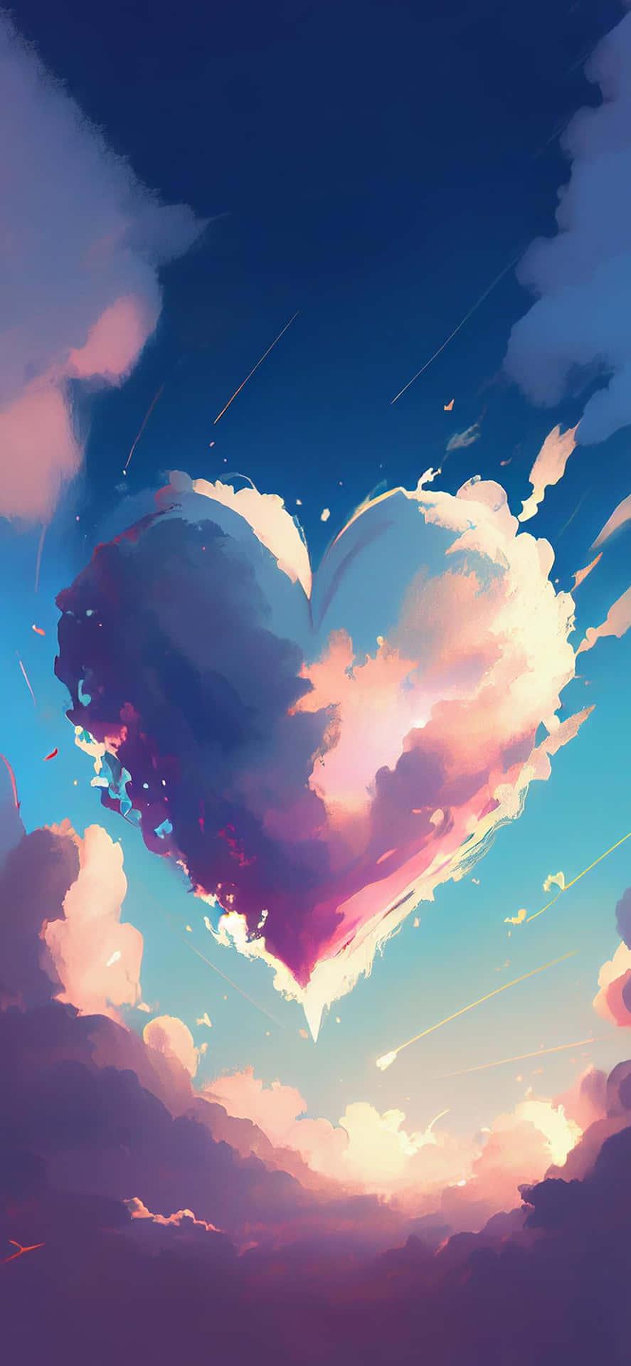 美學 桌布 壁紙 — 一顆發光的愛心形狀雲朵漂浮在暮色天空中，劃過流星和柔和粉彩色調。