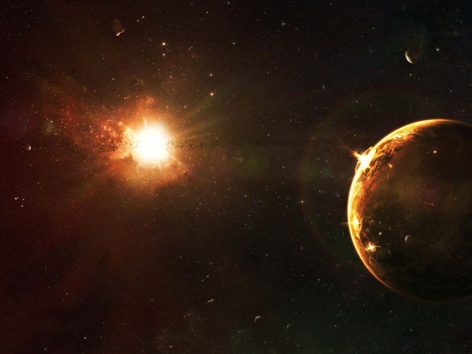 太陽 桌布 壁紙 — 一顆發光的星星照亮了旋轉的星雲，而一顆表面有發光特徵的行星在附近運行。