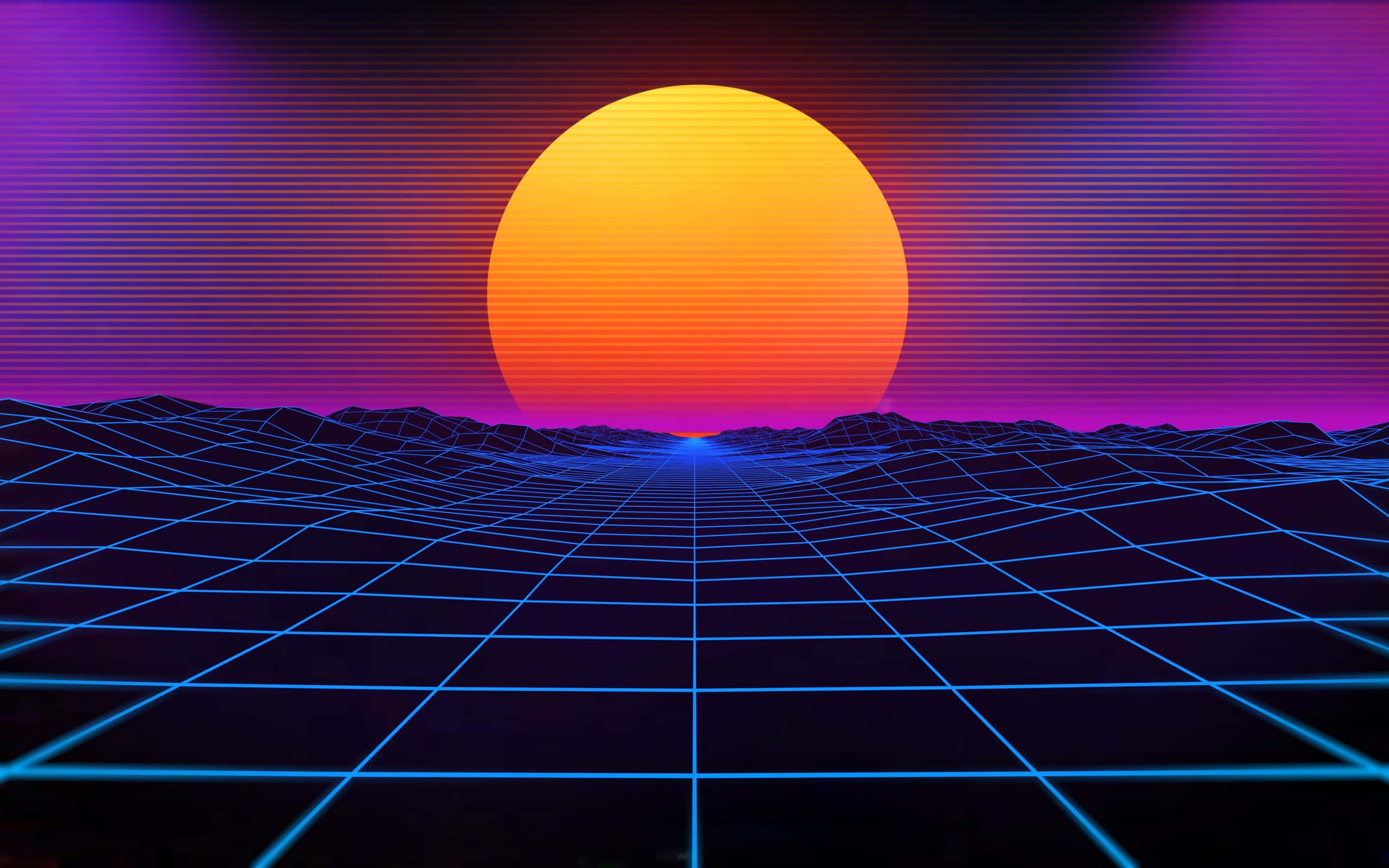 Dark Cyberpunk 桌布 壁紙 — 一顆發光的橙色太陽在紫色天空下，越過藍色網格景觀，帶有水平掃描線，正在落下。
