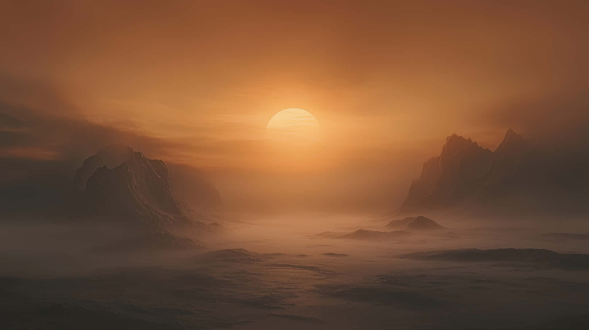 Mystical Desert Sunset with Fog and Mountains in a Surreal Landscape 壁紙 — 一顆發光的橙色太陽在霧濛濛的山巒上升起，將溫暖的光芒灑向寧靜的山谷。