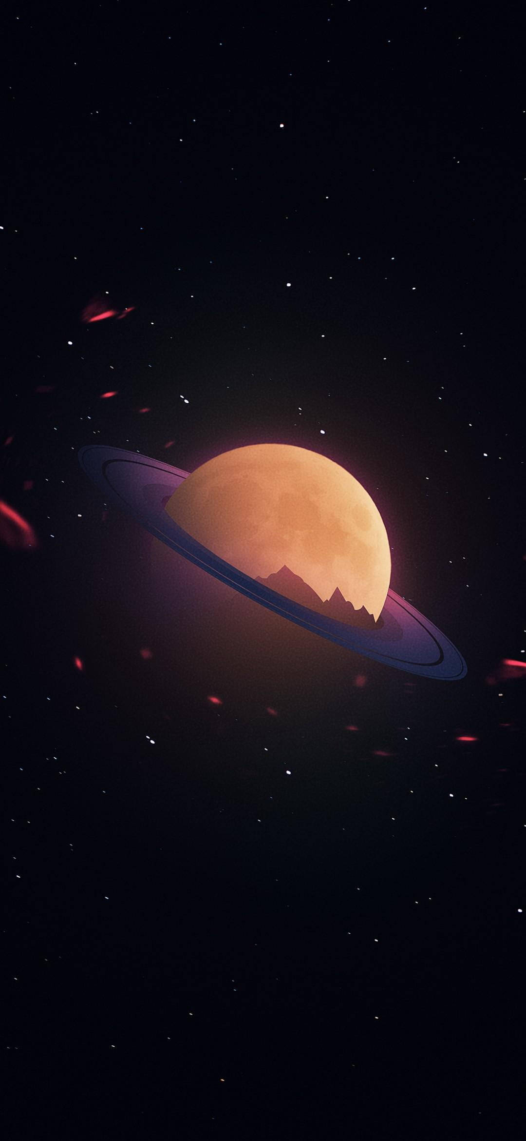 外太空 桌布 壁紙 — 一顆發光的橙色行星，帶有光環和鋸齒狀的山峰，在繁星點點的宇宙背景下呈現剪影。