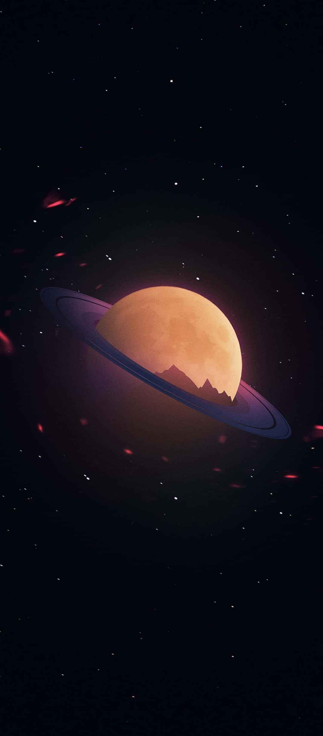 1080x2640 桌布 壁紙 — 一顆發光的橙色行星，帶有光環和鋸齒狀的山峰，在繁星點點的宇宙背景下呈現剪影。