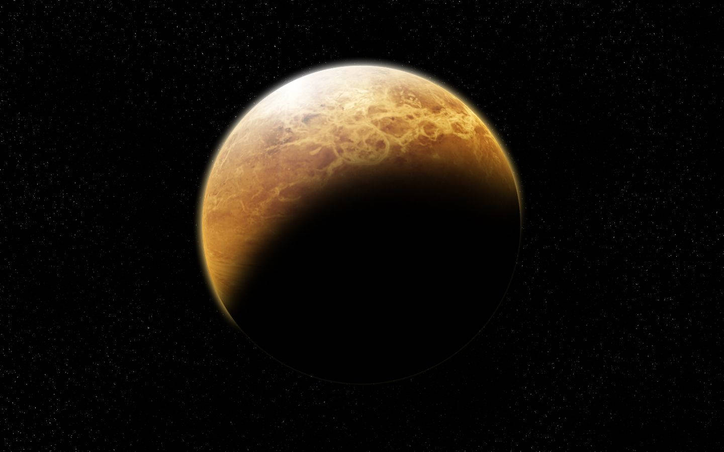 太陽系 桌布 壁紙 — 一顆發光的橙色行星，帶有旋轉的雲層和清晰的明暗界線，背景是星空。