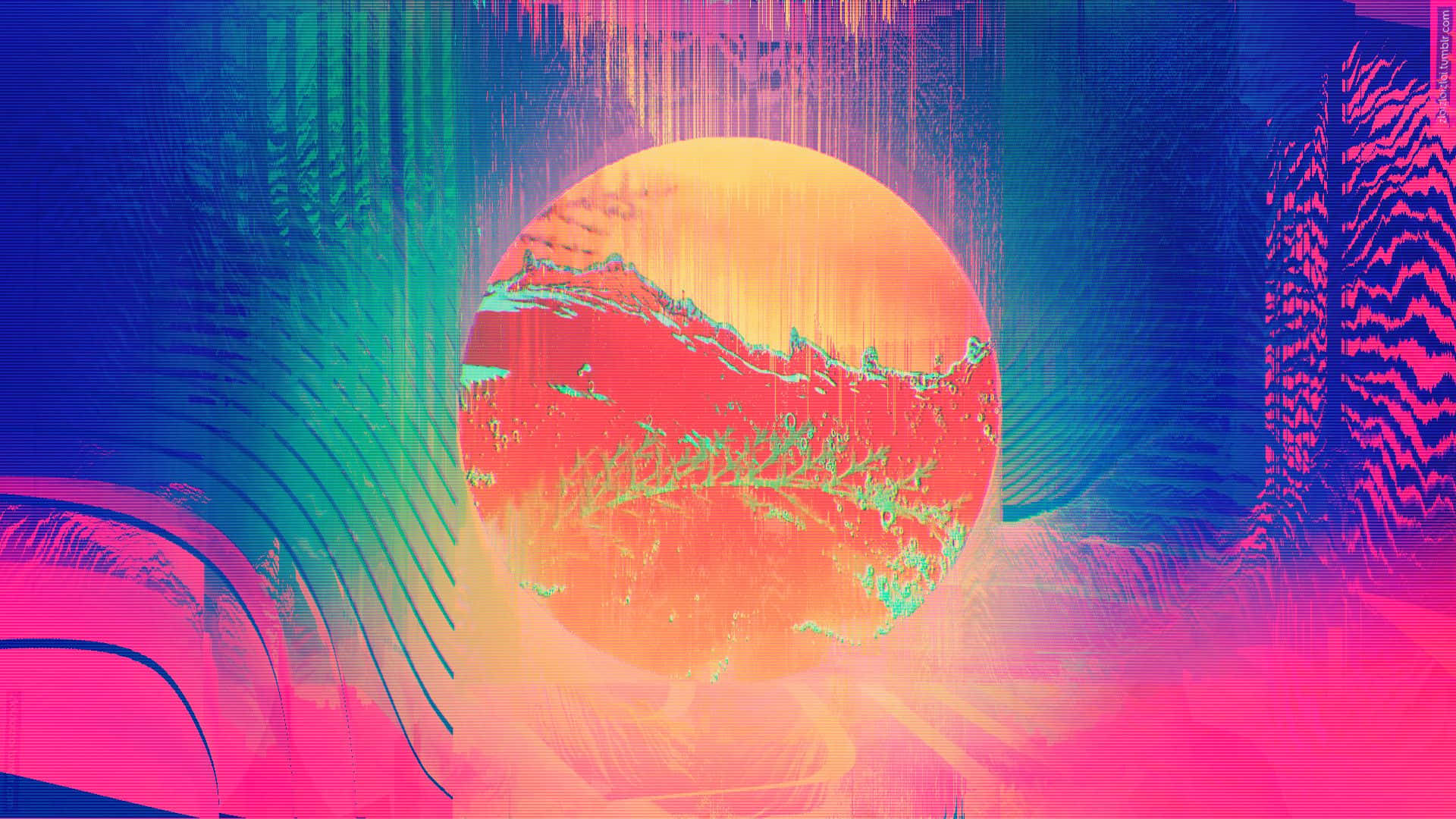 高清 桌布 壁紙 — 一顆發光的橙色行星，帶有綠色山脊，漂浮在電光藍、粉紅和青綠色的迷幻漩渦中，數位故障藝術。