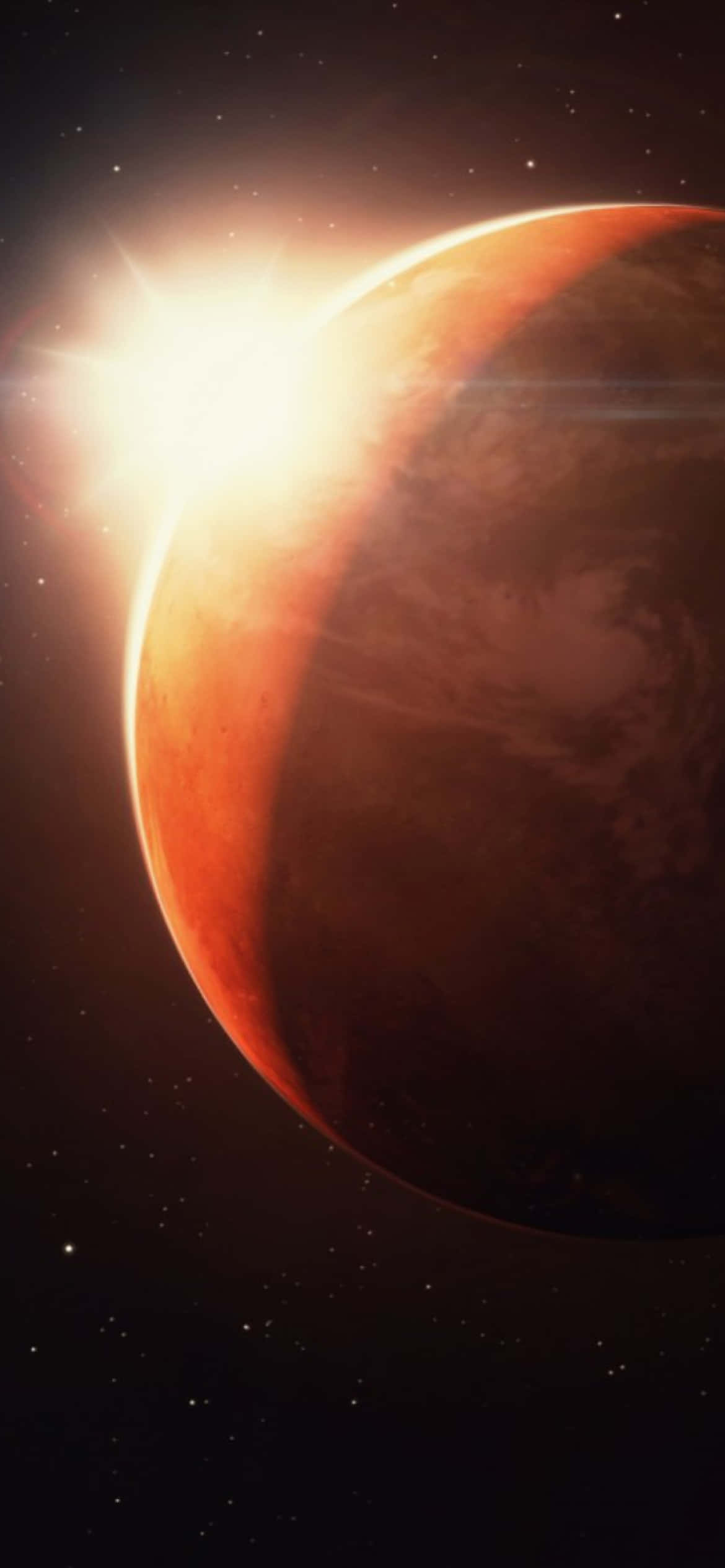 銀河 桌布 壁紙 — 一顆發光的橙色行星在繁星點點的宇宙背景下遮蔽了燦爛的太陽。