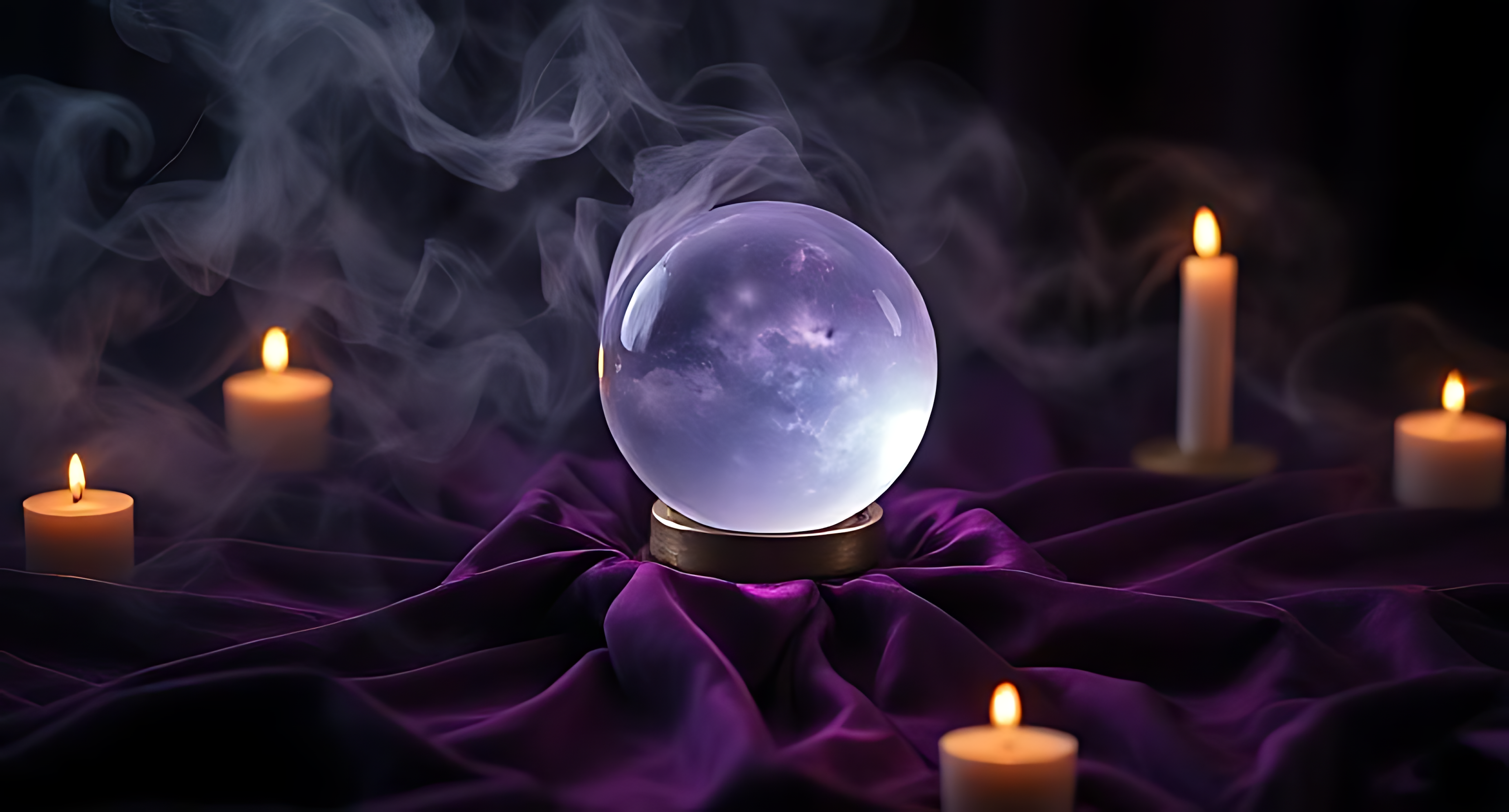 Crystal Ball 桌布 壁紙 — 一顆發光的水晶球放在紫色緞布上，周圍有燃燒的蠟燭和旋轉的煙霧，營造出神秘的氛圍。