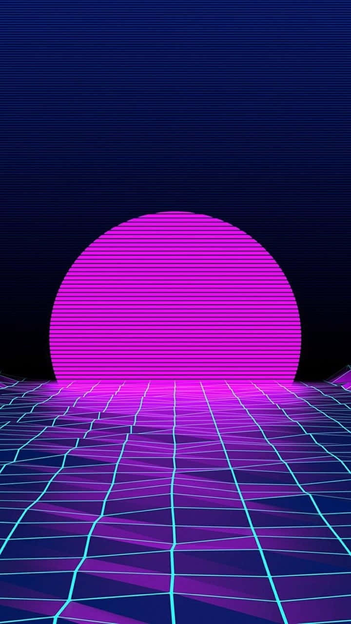 Trippy Neon Lights 桌布 壁紙 — 一顆發光的洋紅色太陽在霓虹網格地平線上升起，呈現復古未來主義的數位景觀。