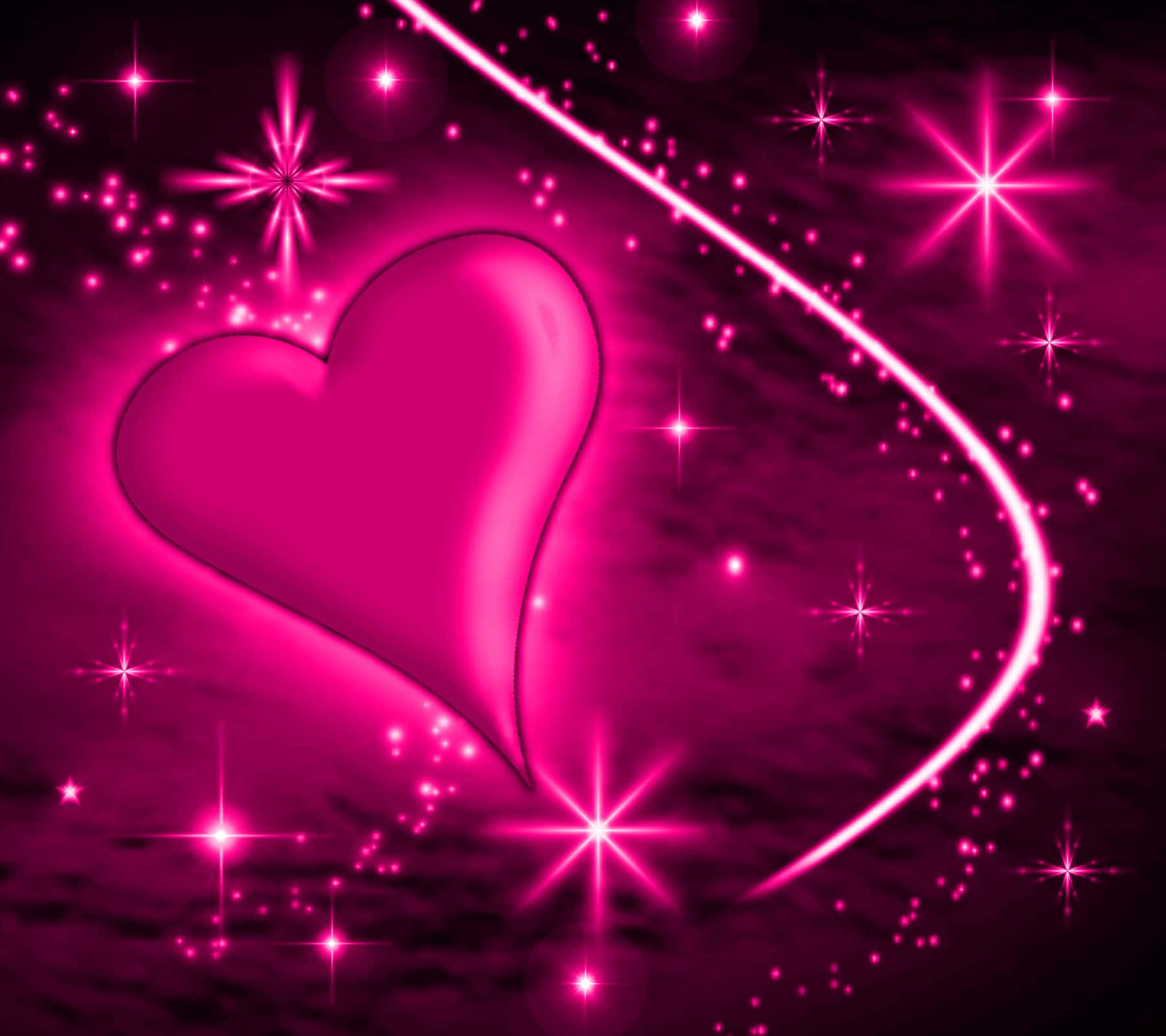 Glitter Pink Hearts 桌布 壁紙 — 一顆發光的洋紅色心臟在繁星點點的宇宙背景中散發光芒，伴隨著閃爍的粒子和彎曲的霓虹軌跡。