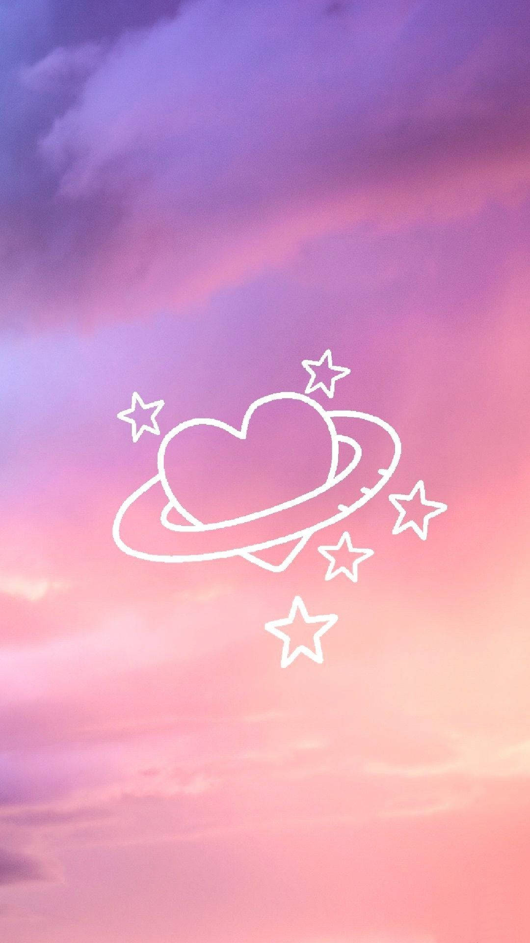 Profile 桌布 壁紙 — 一顆發光的白色心形行星，帶有光環和星星，漂浮在夢幻的粉紫色暮光天空中。