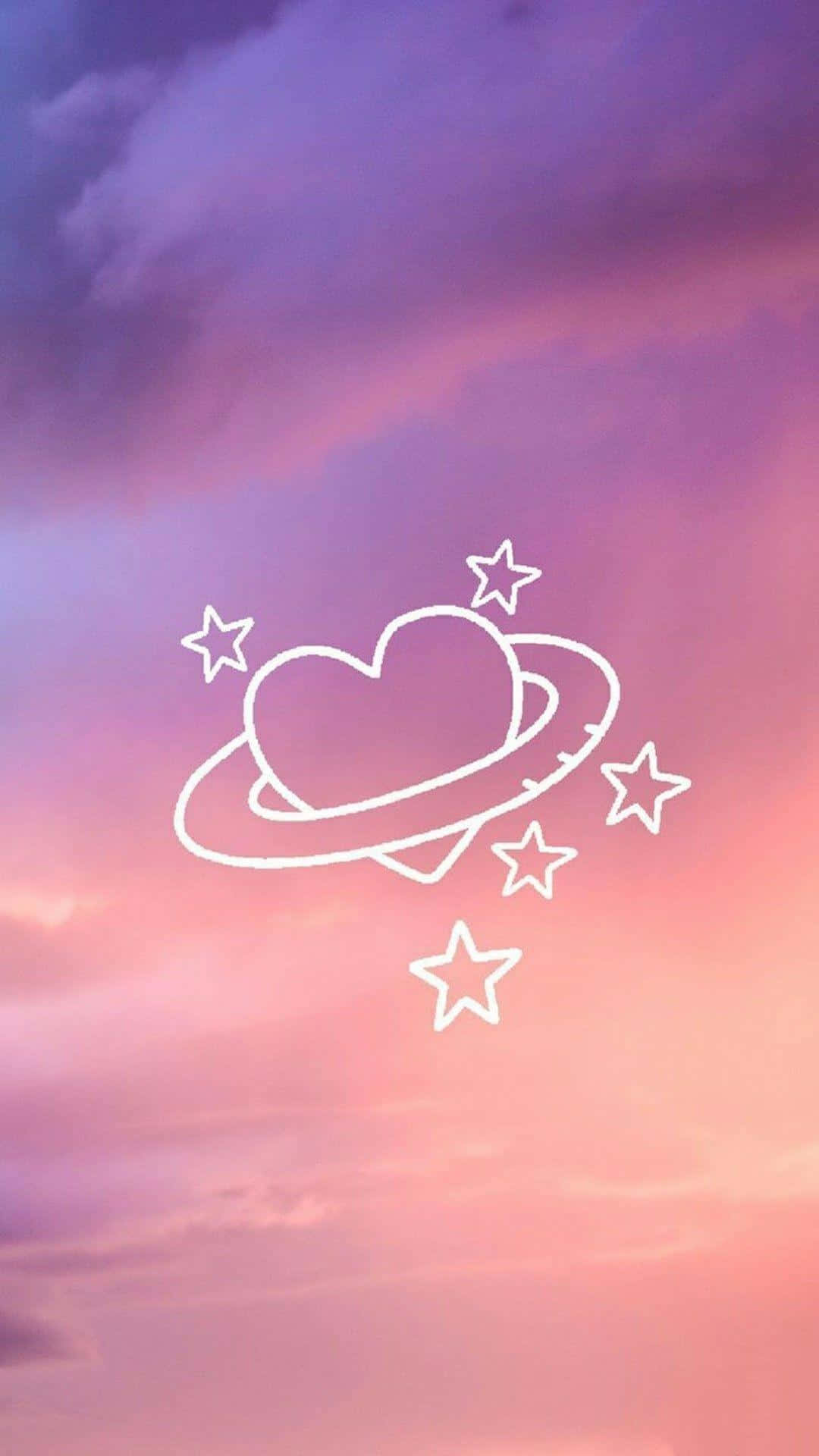 桌布 壁紙 — 一顆發光的白色心形行星，帶有光環和星星，漂浮在夢幻般的粉紅色和紫色暮色天空中。