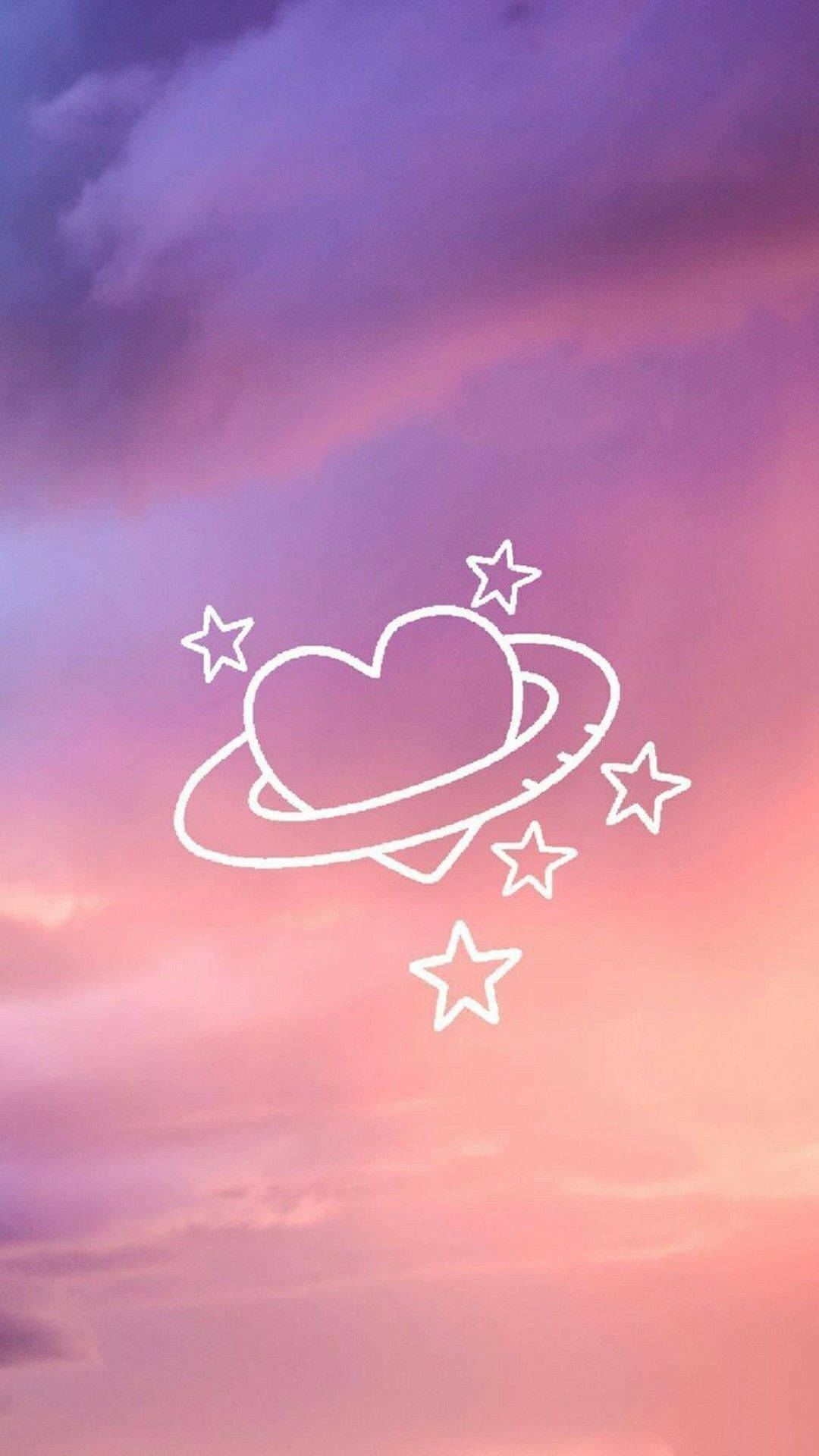 可愛手機 桌布 壁紙 — 一顆發光的白色心形行星，帶有光環和星星，漂浮在夢幻般的粉紅色和紫色日落天空上。