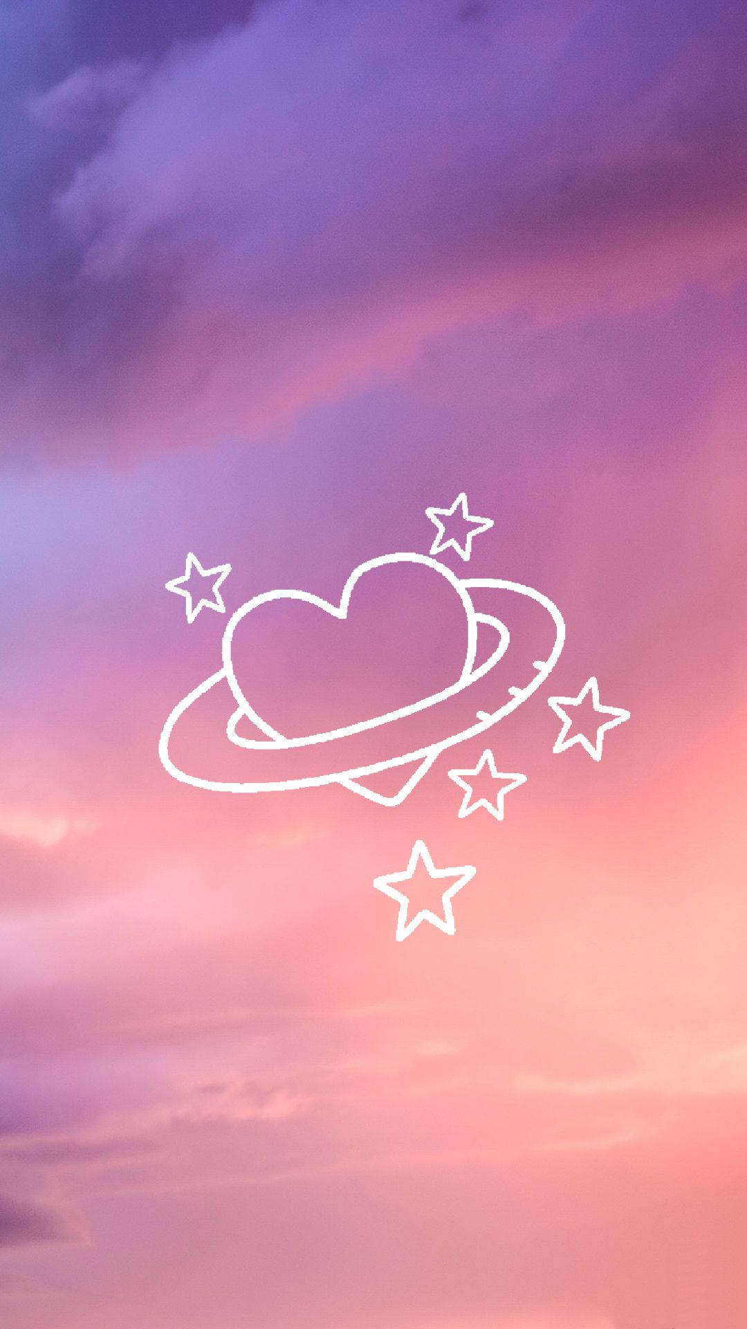 少女風 桌布 壁紙 — 一顆發光的白色心形行星，帶有光環和星星，漂浮在夢幻的粉紅色和紫色暮色天空中。