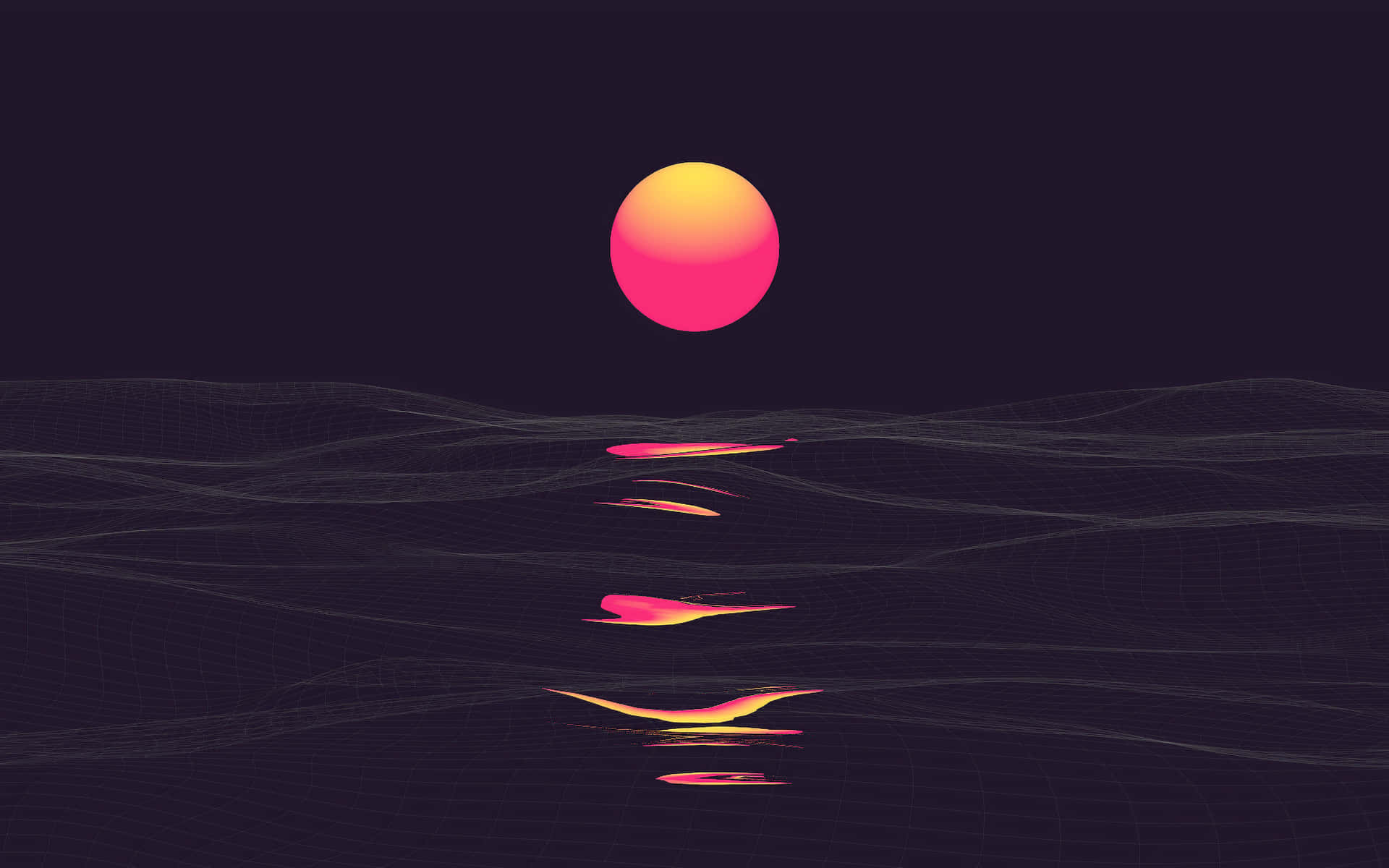 一顆發光的太陽在夜晚反射在黑暗的網格景觀上。 — 極簡桌面 壁紙