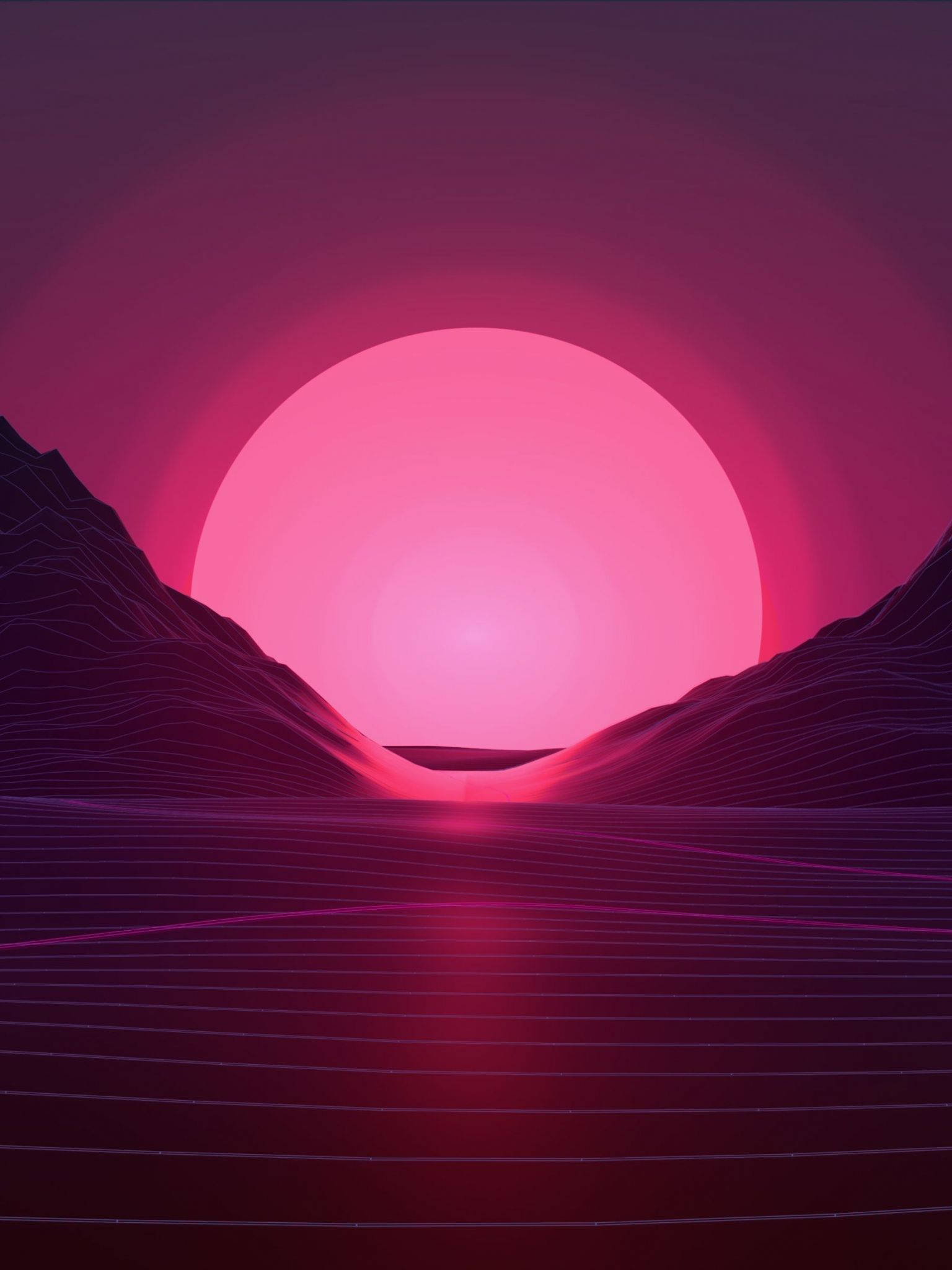 Pink Neon Aesthetic 桌布 壁紙 — 一顆發光的粉紅色太陽在風格化的紫色山脈後落下，呈現復古未來主義的數位景觀。
